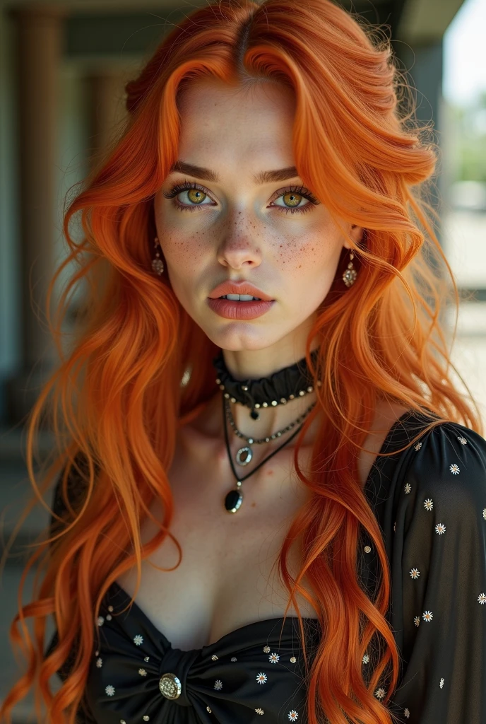 Create a white girl with red hair and abellana-colored eyes, age 23 years, her long hair, The girl must be realistic, It has a black collar fitted to the neck with a rocker style, create image 9:16
