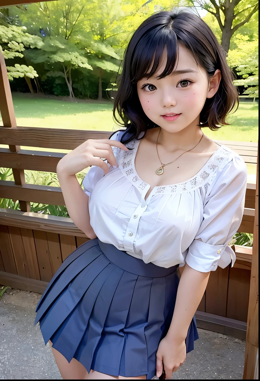 ( Highest quality, masterpiece:1.3, Ultra High Definition),( very well detailed、 caustics) ( exists:1.4, RAW shooting、)Ultra- exists Capture、 very well detailed、 The natural skin texture of the、stands out on the pale blue background 、 masterpiece、( Japanese wearing a blouse and pleated skirt:1.3)、 adorable expression 、Expressions of joy、、: 、baby face、 innocent giingly cute、the blackboard with the tip of the nipple 、 curly hair 、ribbons、 black hair、 Big Breasts、 Glowing Thighs、Shining Ass、 necklaces、On the lakeside in the shade of trees、Background details、smile、 An inviting gaze 、( anatomically accurate)、 cowboy shooting 、 attention to detail 、 lifts her chest from the bottom with both hands 、
