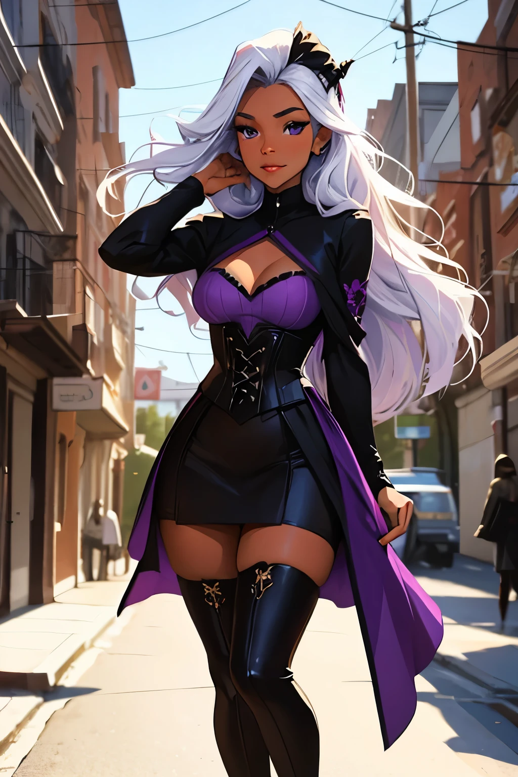 1girl, masterpiece, perfect face, ((((darkskin)))), (((((purple eyes))))), (White hair), ((perfection)), (((perfect eyes))), standing up, (glitching photo), grinning, hourglass body, (thicc), ((Portrait)),