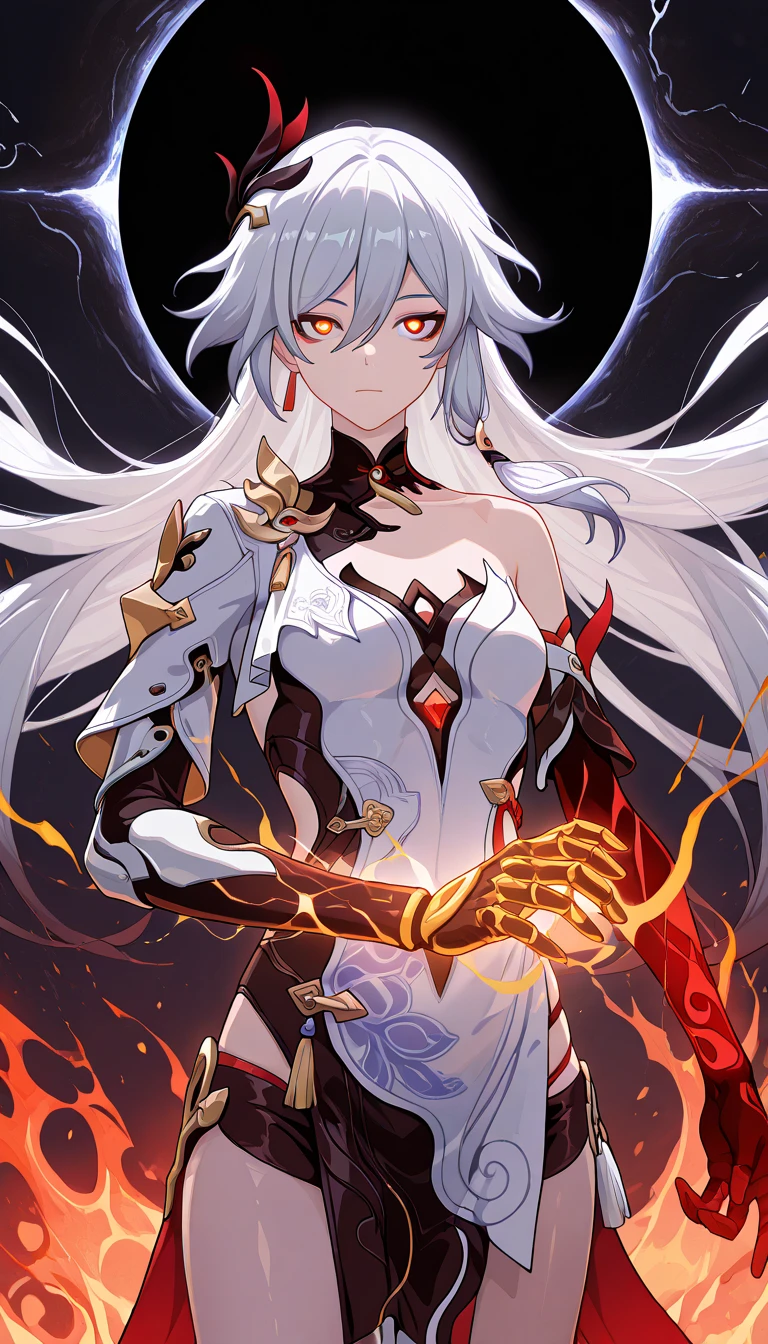 1 girl,mature girl,kiana kaslana,Herrscher  of Flamescion,Honkai Impact,white hair,shiny hair,beautiful long hair,beautiful eyes, high quality,beautiful,valkyrie,hyper,masterpiece,perfect body, nice body, curvy,armor,hyper quality,high quality, perfect,high detailed eyes,high detailed face,valkyrie suit,wings,fire guns,great flame sword,looking at viewer