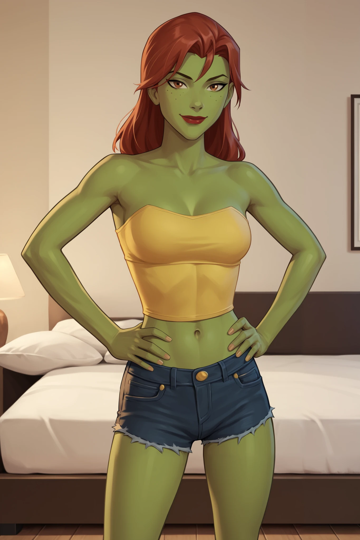 PonyXLV6_Scores BREAK (perfect anatomy, perfect eyes), BREAK mgann morzz, low bun hair, red hair, colored skin, green skin, freckles, brown eyes, makeup, bright red lipstick, ((looking at viewer)), superhero, dark yellow tube top, dark yellow jean shorts, curvy, athletic, standing, indoors, smiling, closed mouth, bedroom, confident expression, hands on hips, seductive pose, sexually suggestive pose 