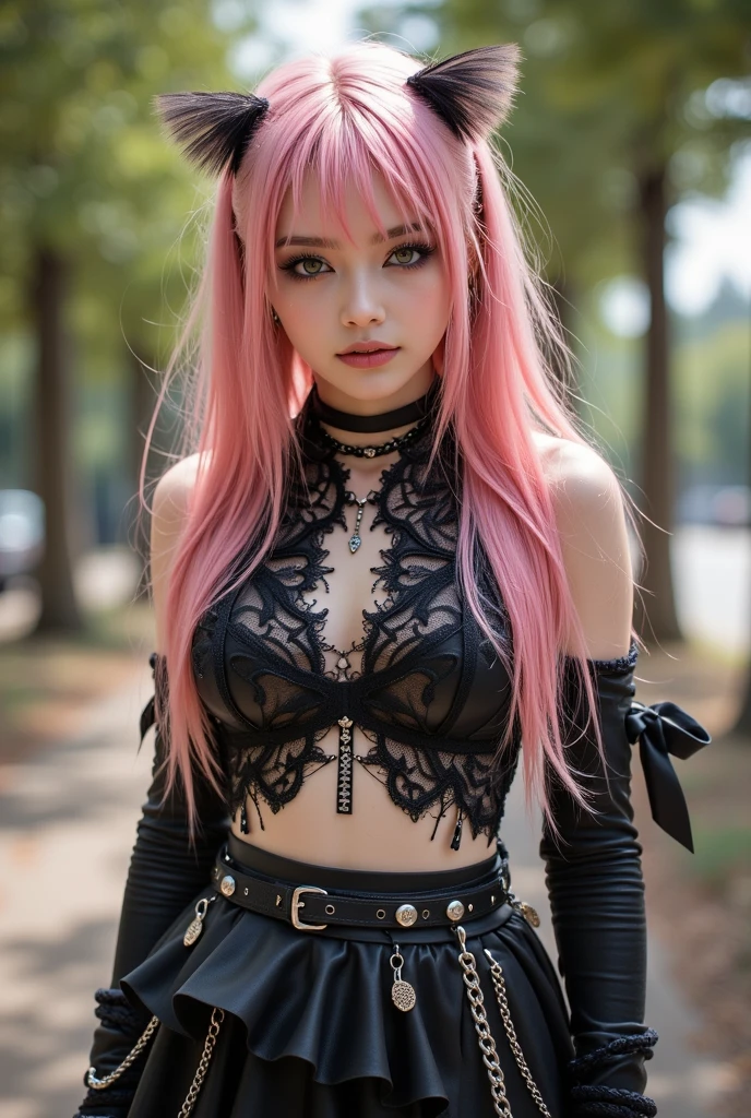 Highest quality、masterpiece、Ultra-high resolution、Highest qualityの写真,、Clear images、Very cute Japan woman、18-year-old、Always wear your glasses、Hime cut, Long and beautiful pink hair、(Small breasts:1.8)、(Slender body:1.5)、Beautiful Skin、Detailed beautiful eyes、Beautiful Skin、Punkish Girl, gothic punk outfit, Rose Tattoo, Shibuya Dogenzaka at night, The cutest and sexiest pose