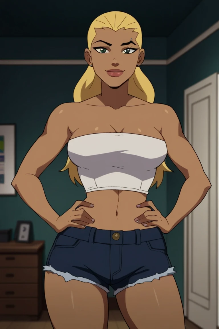score_9, score_8_up, score_7_up, source_cartoon,artemis, blonde hair, long hair, big lips, dark skin, large breasts, white tube top, white jean shorts,  BREAK standing, smile, closed mouth, confident expression, looking at viewer, solo, front view, face focus, indoors, bedroom, best quality, high quality,  hands on hips, raised eyebrow 