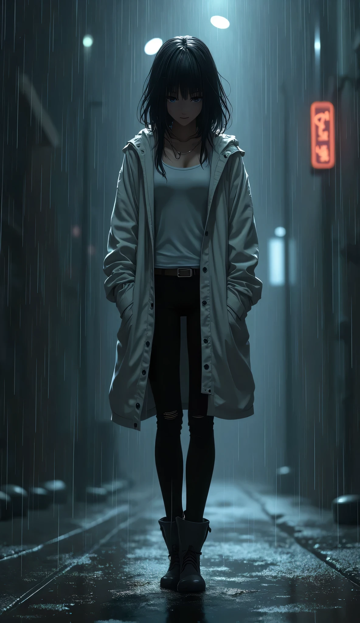 Sad anime women standing in the rain head down deep in thoughts fully black background she is wearing long white jacket and black tight jeans masterpiece 4d image all her clothes are wet in the rain and hairs