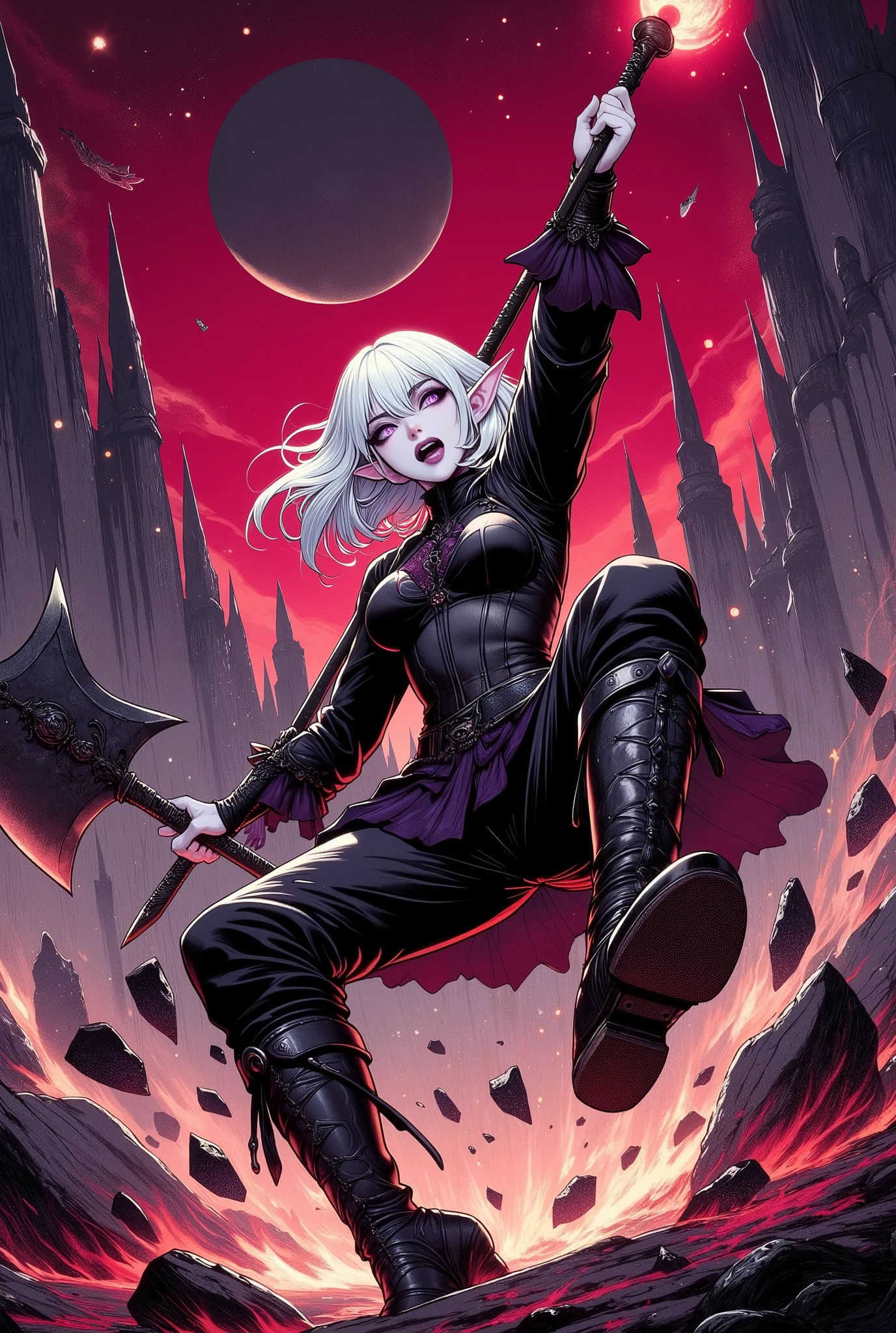 (Ultra-detailed face, Looking away, Gothic Illustration, Dark tone colors. She has five fingers on her hands and five toes on her feet.), BREAK 
(The scene is depicted from the sky above, looking down diagonally on the ground. Weightlessness. A red night sky with a black moon rising. The ground explodes, the ground caves in, pieces of rock fly in the air. Dust and smoke cover the area.), BREAK 
(A female dark elf, a frenzied warrior, roars and screams with her back turned to the ground, her legs outstretched and her feet stomping, landing on the ground in a hunched pose. She raises and holds a two-handed, long-handled battle axe. Her feet shatter with a great impact, as if a meteorite had fallen on them.),  BREAK 
(The dark elf woman has white hair, white eyebrows, blunt bangs, very long wavy hair, small pink lips, lavender eyes, clear white skin, and thick eyeliner. Her hair is inverted and blown up into the sky. She wears war makeup.), (She wears a war costume made of raven feathers. She wears black leather knee-length boots.)