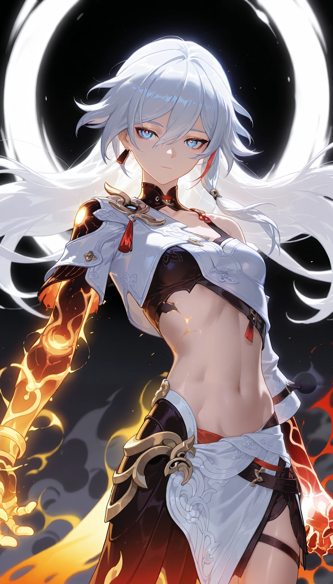 Anime illustration, backlighting, backlit, cold light, colorful, light reflection, solo, 1girl, cowboy shot, asymmetrical armor, detailed skin, extremely detailed eyes, dynamic pose, Fu Hua(CoT), white hair, long hair, golden aura, black hole in the background, stylized black hole, zanmadao, holding a nodachi, massive katana, white and blue and red electricity, red electric aura, black electricity, torrential downpour of flames, burning rain, barely constrained madness, expressionless, small breasts, white and gray armor, white clothes, cosmic arm, astral arm, chinese clothes, Herrscher of Sentience (Honkai Impact 3rd), white jacket, long jacket, trenchcoat, exposed midriff, exposed stomach, ancient greek skirt, toga armor, golden aura, golden hairstreaks, golden streaks