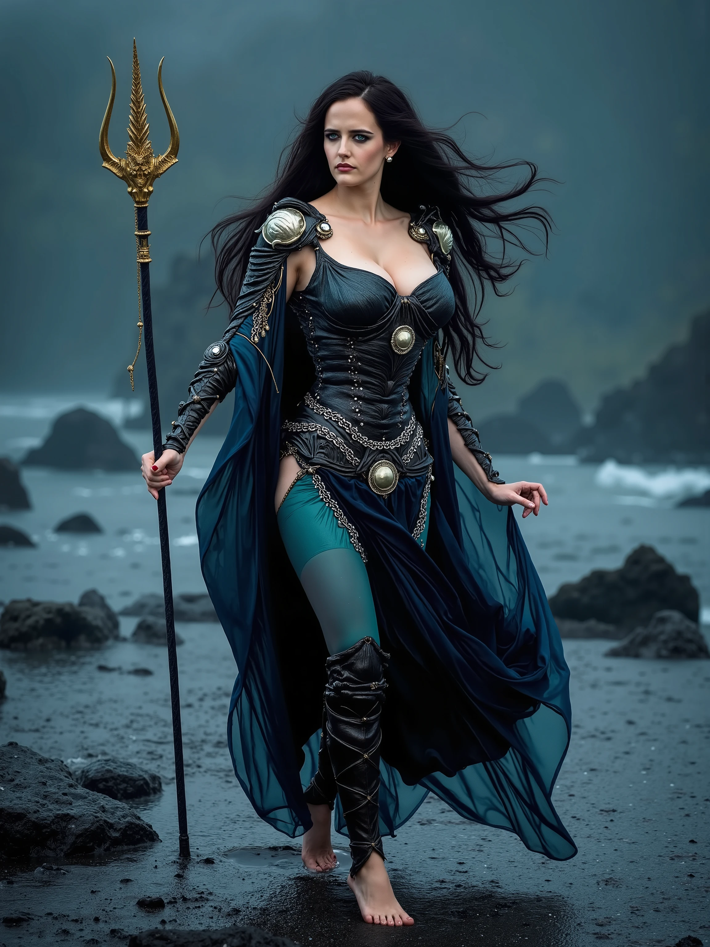 Eva Green reimagined as a majestic hot and gorgeous Norse goddess Ran walking and holding a trident of blackened gold､1 female､ full figure, full body, cleavage, 

A hauntingly beautiful and commanding figure, exuding the mystery and power of the deep sea. Her long, jet-black hair flows like dark water, cascading over her shoulders in loose waves, adorned with small pearls and strands of seaweed. Her piercing deep-sea green eyes shimmer with an eerie glow, reflecting the depths of the ocean and the untamed storms that rage above it.

She wears a flowing gown of deep sapphire and black, woven from enchanted sea silk that shimmers like moonlight on restless waves. The fabric, embroidered with silver patterns of swirling tides and lost ships, clings to her form like water. Over her shoulders, she wears a dark cerulean mantle, lined with delicate coral embroidery, fastened by a golden shell-shaped brooch.

Her bracers of polished black pearl, carved with symbols of the ocean’s wrath, wrap around her forearms. A wide belt of braided seaweed and silver chains, adorned with trinkets taken from drowned sailors, cinches her waist. Her feet remain bare, the mist of ocean spray clinging to her skin. In her grasp, she holds a trident of blackened gold,

big breast､ alluring ､shows her female character's full figure, athletic body, perfect face, full body, extremely beautiful, goddess, female shape, perfect anatomy, The background showcases Dark storm-touched waves crash against jagged black cliffs, the roaring sea stretching endlessly beyond. Mist swirls around the shore, masterpiece, realistic, high contrast, 8k, HD, high definition detailed, detailed, hyper detailed, realistic skin texture, best quality, ultra high resolution, hyper realistic, no text, very detailed eyes, dramatic lighting