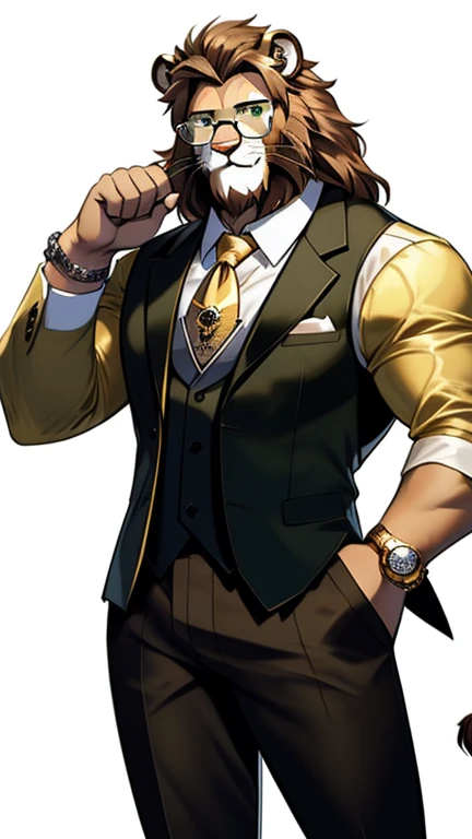 Cornelius, a medium anthro muscular brown and tawny lion with a ponytail, short hair, no beard, feline, male, lion, furry, has no mane, mane-less, lion man, male, stud, subtract the mane, eyesgod, brown eyes, confident smile, perfect hands, 5 fingers, no defects, big grin, smile, perfect body, dad bod, lion ears, lion tail, no mane, no markings, no watermark, lion art style by null-ghost, wearing perfect tiny round gold glasses and pocket watch, wearing a green business vest, yellow silk shirt, fancy watch, and brown dress pants, has brown hair, clean shaven goatee, solo, alone, (SOLO)(ALONE) handsome, , teacher, future college classroom background, day time.