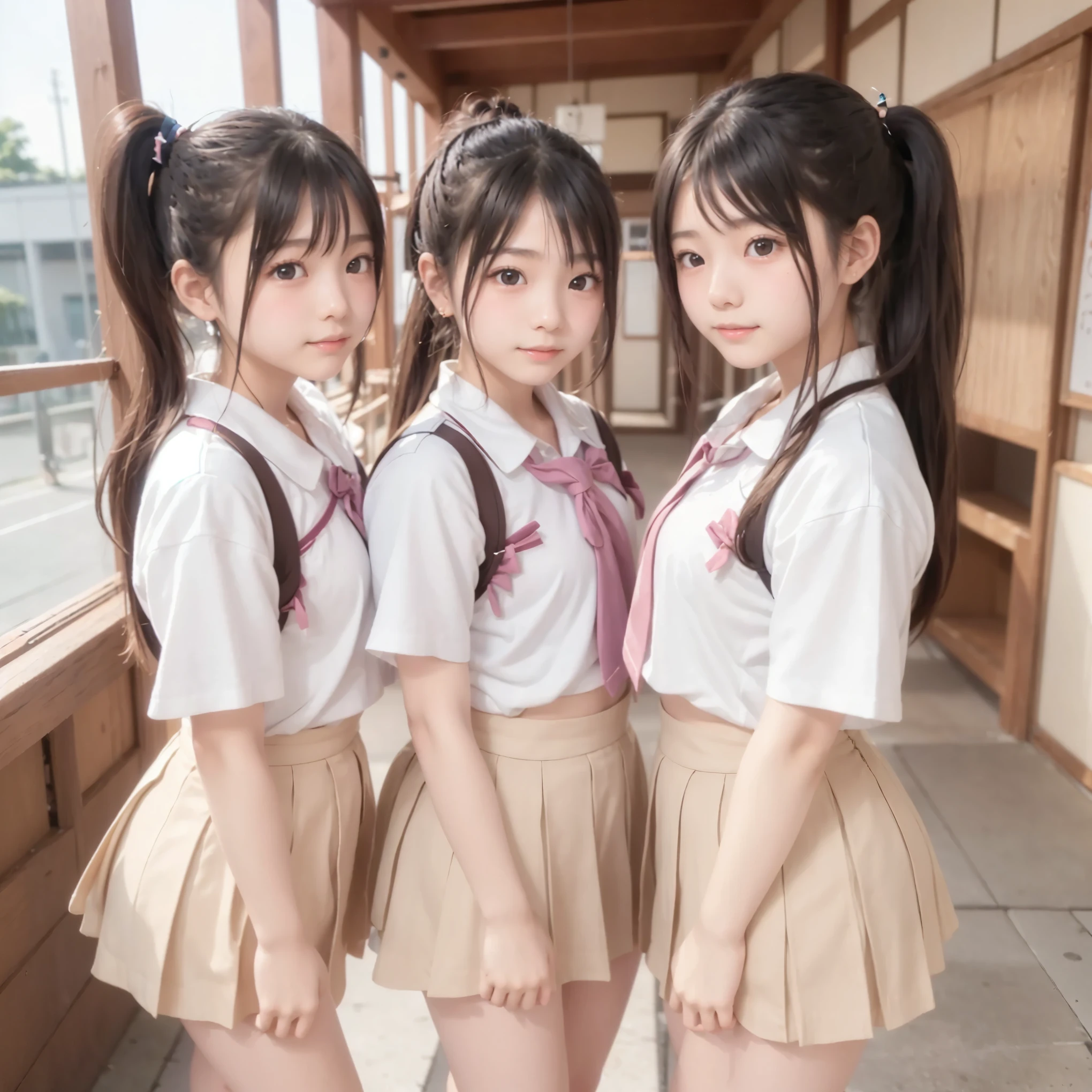 (3 cute Japanese high school girls)、smile、、 cute face like an idol、3 cute Japanese high school girls with brown ponytail hair、beautiful legs