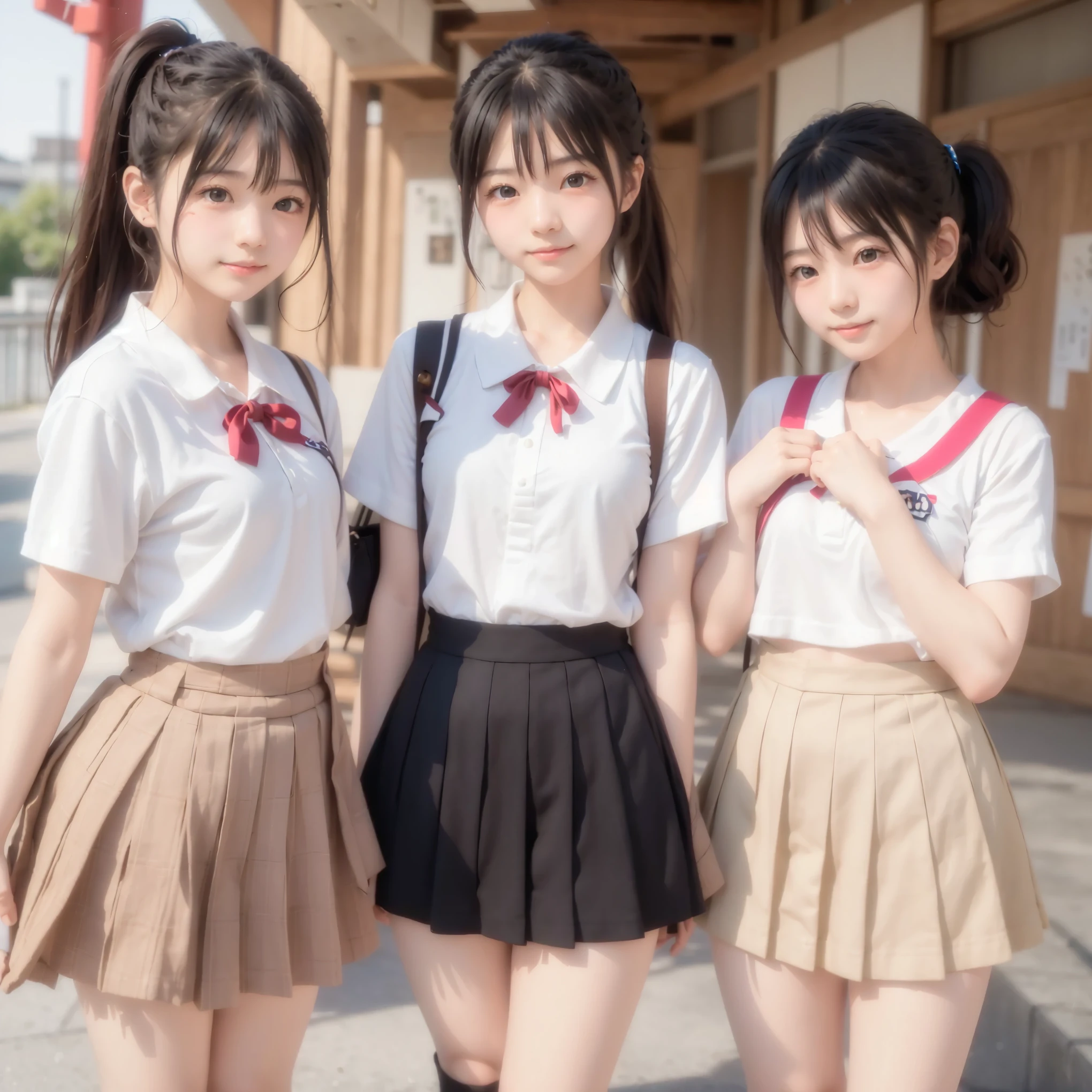 (3 cute Japanese high school girls)、smile、 cute face like an idol、3 cute Japanese high school girls with brown ponytail hair、beautiful legs