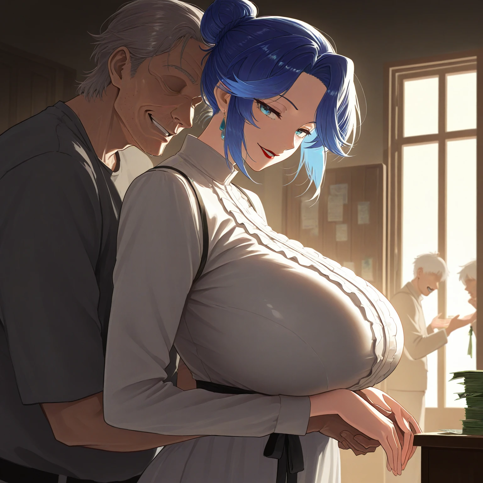 nari mature beautiful milf mom been carried in arms of big ugly fat old man to bedroom, mature body breasts , light blue hair , hair braid with blue ribbon,saggy big breasts,long silver butterfly chandelier earrings,red lipstick , smiling, oily sweaty skin, detailed red alluring eyes, detailed 4k image, white skin,white apron,