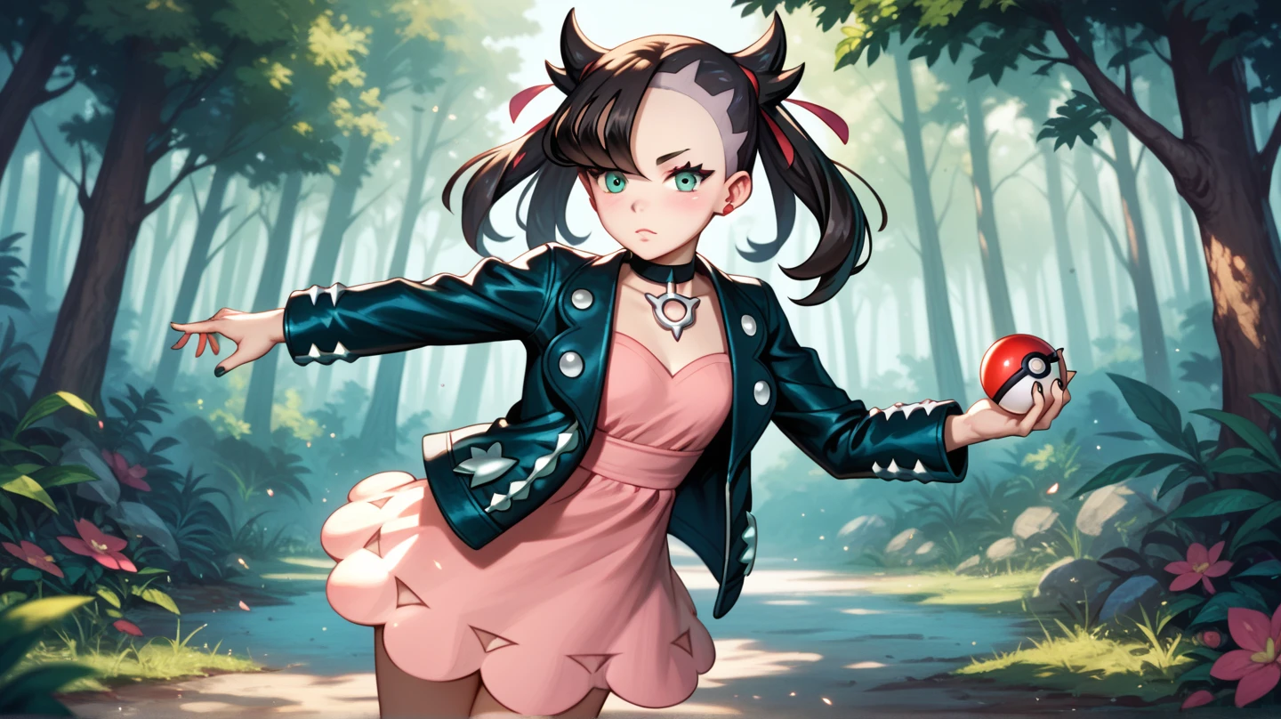 masterpiece, Highest quality, High resolution, Marnie, Aqua Eye, Black choker, Red ribbon, Pink Dress, jewelry, Black jacket, Open clothes, Long sleeve, Cowboy Shot, Are standing, forest, holding Pokéball, Pokéball \(Basic\), smile, Open your mouth,Background is wood々が生い茂るforestです.:1.2,Draw a person in the center of the screen,Depict the top of your head,{{{Perfect hand shape:1.2}}},marnie