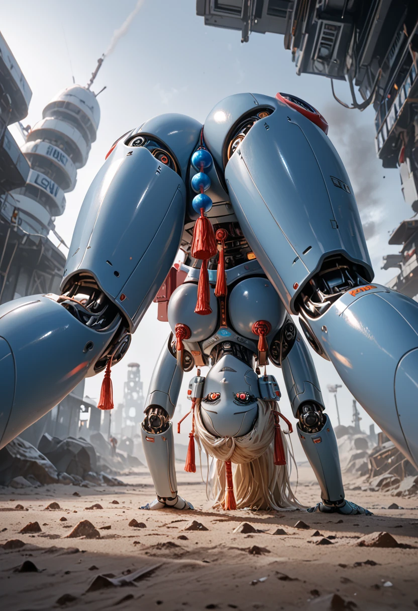 A robot that lands, female android , put 1hand on ground, mixed color, multiple color, red and blue body, glitter body, shockwave for around on ground, sand smoke, jet fire from backpack, naked frontal, ass beads, ((tassels with nipple Pastie)), (((from below view))), from front,