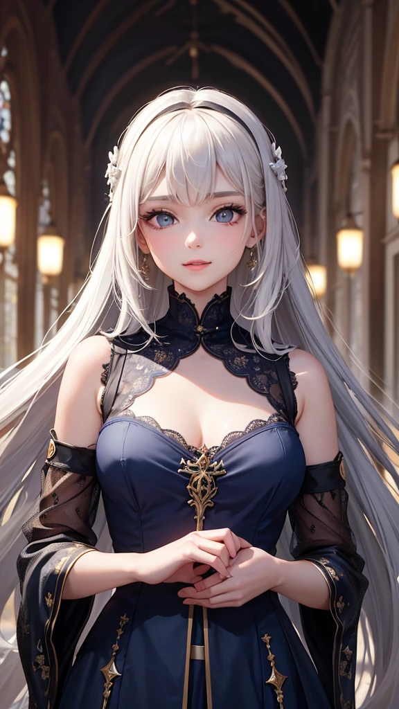 (Image above the chest)((masterpiece:1.5,Highest quality,Highly detailed images,Beautiful images、Realistic、Photorealistic、2.5D))(1girl, 独奏)(Adult women、large breasts, white hair, beautiful eyes、Beautiful cleavage)(Fantasy dresses、Fantasy Clothes、Black battle dress、black dress:1.5, Deep slit)(smile, wind, floating hair、walk)(bright、Soft lighting、Inside the castle、The King's Chamber）
