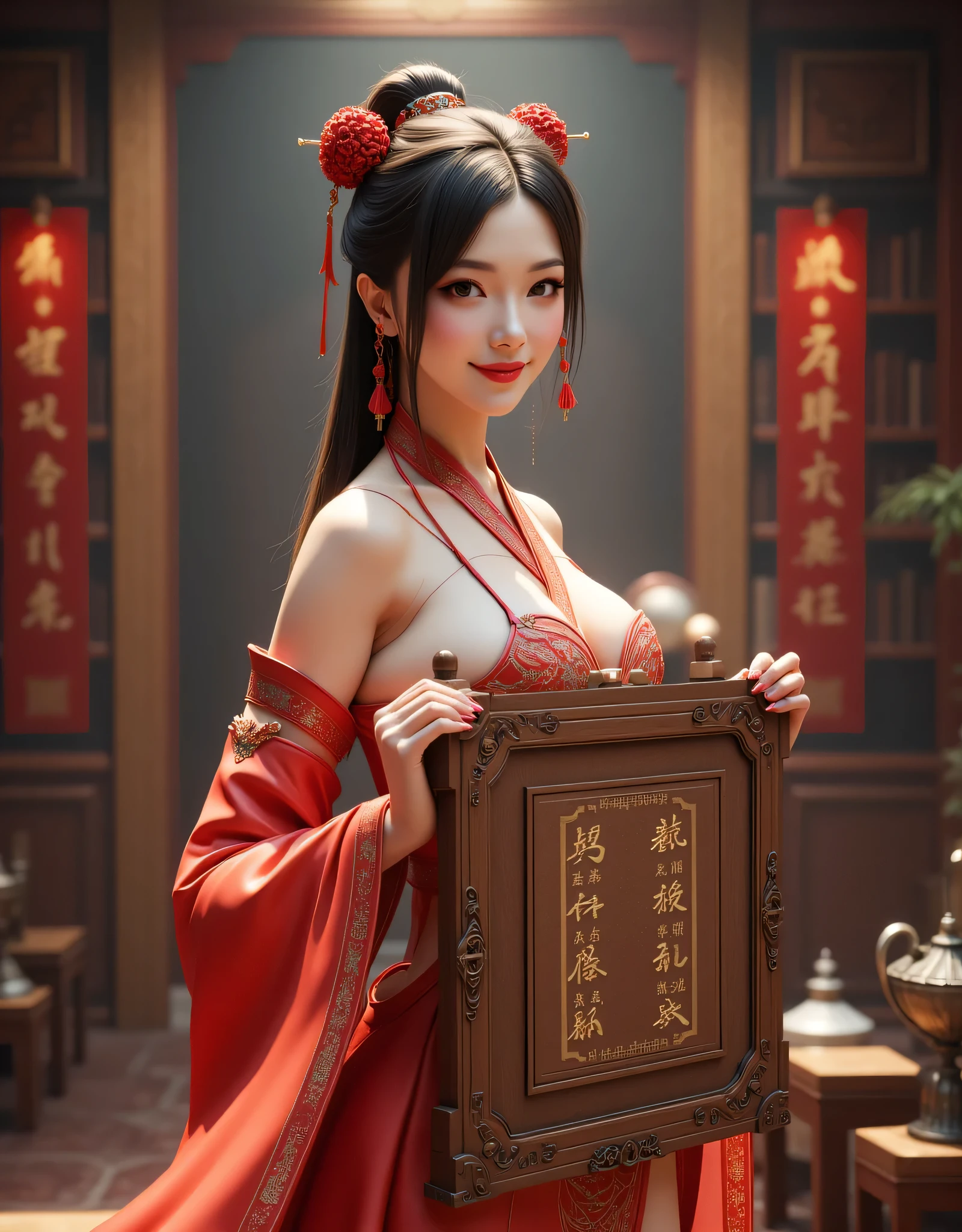 **Prompt:** Create a visually captivating scene set in the Han Dynasty era, utilizing Unreal Engine 5 to depict a symmetrically balanced panoramic image. The focus should be on a realistically rendered full-body Chinese courtesan dressed in an elegant hanfu kimono. She stands gracefully while holding an intricately designed wooden printed press featuring ancient Chinese inscriptions. The background should feature a richly detailed ancient Chinese library, highlighting the textures and ambiance of the era. Include a large wooden board displaying Chinese characters to enhance the historical context. Emphasize hyper-realistic details, particularly in human anatomy, capturing the courtesan's welcoming smile and lifelike features, complemented by shiny hair. Use a center wide-angle shot that accentuates the overall composition with central leading lines, guiding the viewer's eye through the intricate surroundings. Incorporate mixed lighting to create depth and dimension, ensuring that the details of the environment and the character are vivid and engaging. Utilize advanced 3D shaders to enhance realism, allowing viewers to feel immersed in the scene. The overall atmosphere should evoke the cultural richness of the Han Dynasty while showcasing the artistry of the time.