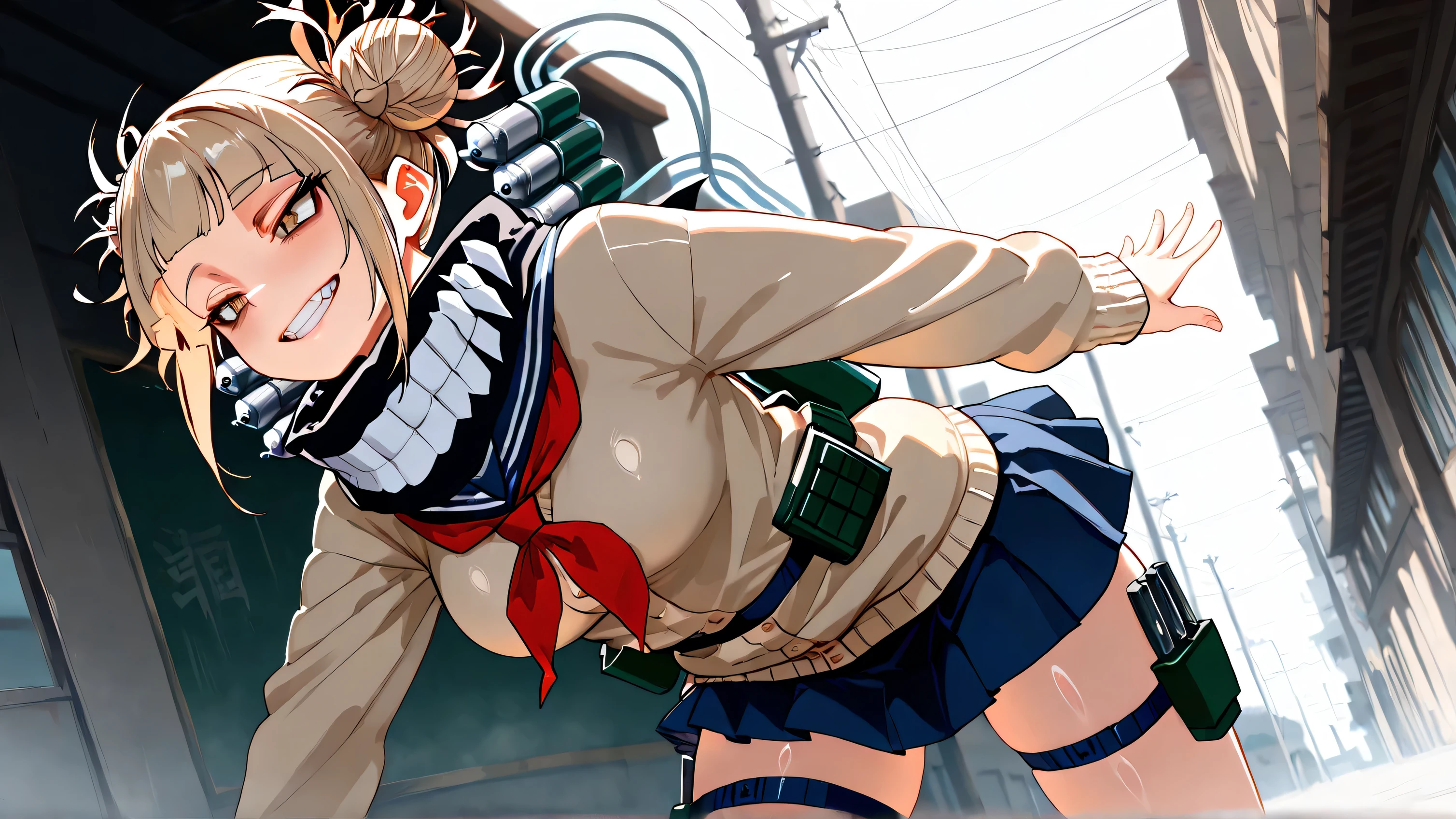 ((correct_anatomy)),((detailed eyes)),((high_quality)), ((Super_Detailed)), ((Best Quality)),((score_9, source_anime)), very aesthetic, absurdres, solo, Toga_Himiko, evil grin, yellow_eyes, blonde_hair, double_bun, slit_pupils, messy_hair, medium_hair, sidelocks, medium_breasts, brown_cardigan, blue_sailor_collar, school_uniform, red_neckerchief, blue_skirt, miniskirt, black_scarf, thigh_strap, thigh_holster, utility_belt, (dynamic angle),(depth of field), Shiny skin,(HDR,UHD, 4k, 8K, best quality ,masterpiece), 
