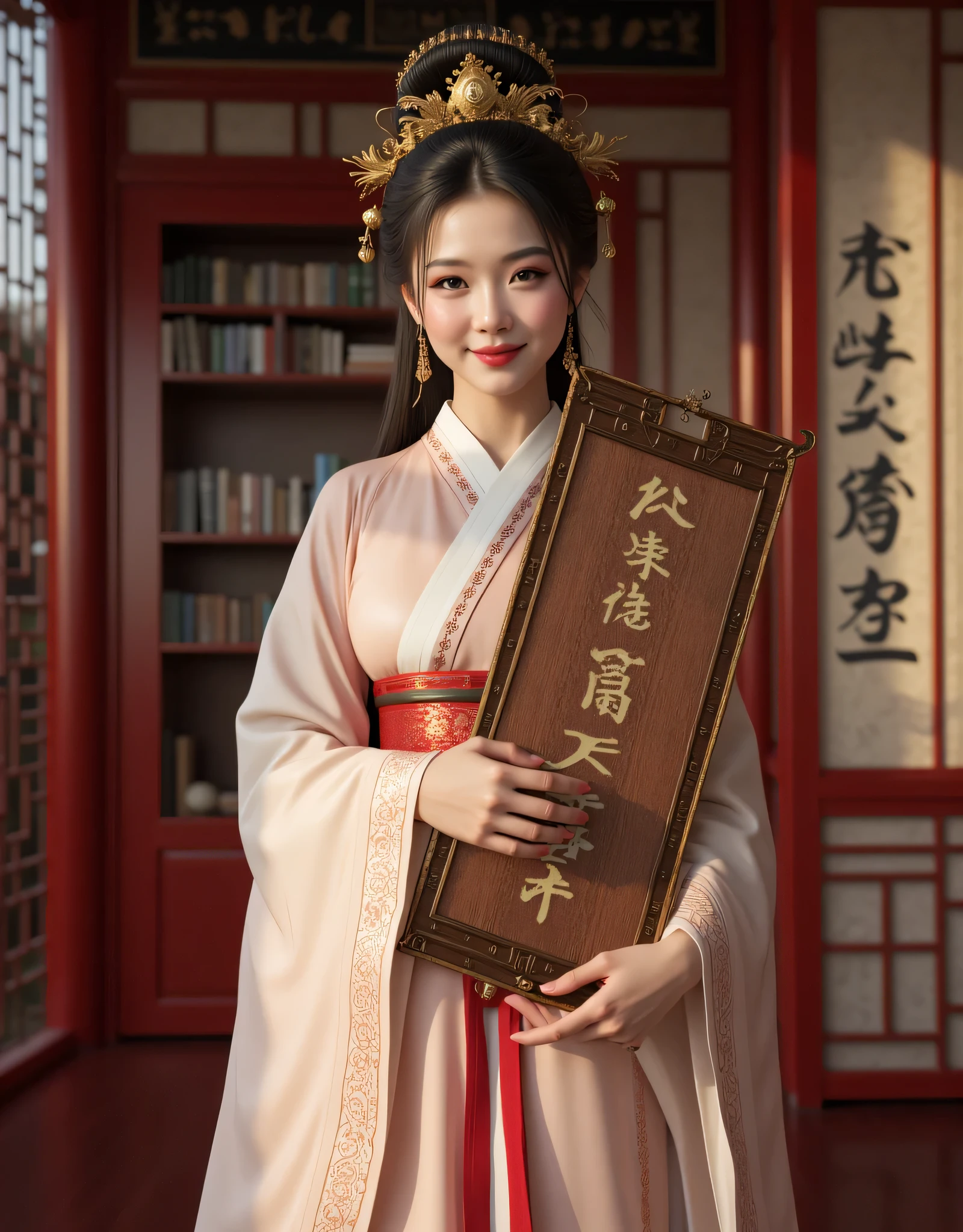 **Prompt:**    Create a visually captivating scene set in the Han Dynasty era, utilizing Unreal Engine 5 to depict a symmetrically balanced panoramic image. The focus should be on a realistically rendered full-body Chinese courtesan dressed in an elegant hanfu shapely kimono. She stands gracefully while holding an intricately designed wooden board printed press featuring ancient Chinese inscriptions letter. The background should feature a richly detailed ancient Chinese library, highlighting the textures and ambiance of the era. Include a large size wooden board displaying Chinese characters to enhance the historical context printed press. Emphasize hyper-realistic details, particularly in human anatomy, capturing the courtesan's welcoming smile and lifelike features, complemented by shiny hair. Use a center wide-angle shot that accentuates the overall composition with central leading lines, guiding the viewer's eye through the intricate surroundings.  Incorporate mixed lighting to create depth and dimension, ensuring that the details of the environment and the character are vivid and engaging. Utilize advanced 3D shaders to enhance realism, allowing viewers to feel immersed in the scene. The overall atmosphere should evoke the cultural richness of the Han Dynasty while showcasing the artistry of the time.