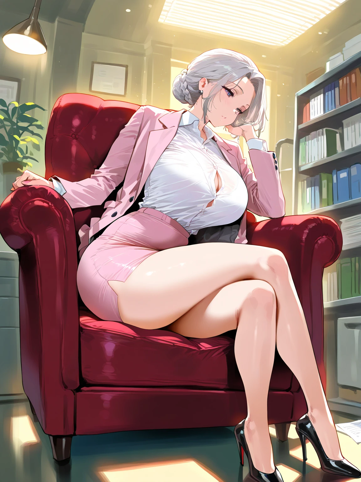 diona shin, sitting, portrait, red lips, nsfw, portrait, (masterpiece, best quality), solo, looking at viewer, fw.dona.shin, mature female, sexy, hot, white hair, diona shin, white background, white hair, very soft breast , soft breast , milf, milf face, tease, detail face , large breast, perky breasts, portrait, cowboy shot, square lips, long hair, very long hair, white hair, earrings , smirk, chubby , milf, milf face, fantasy cloth, sexy, mini skirt, heels, sitting, full body, tight shirt