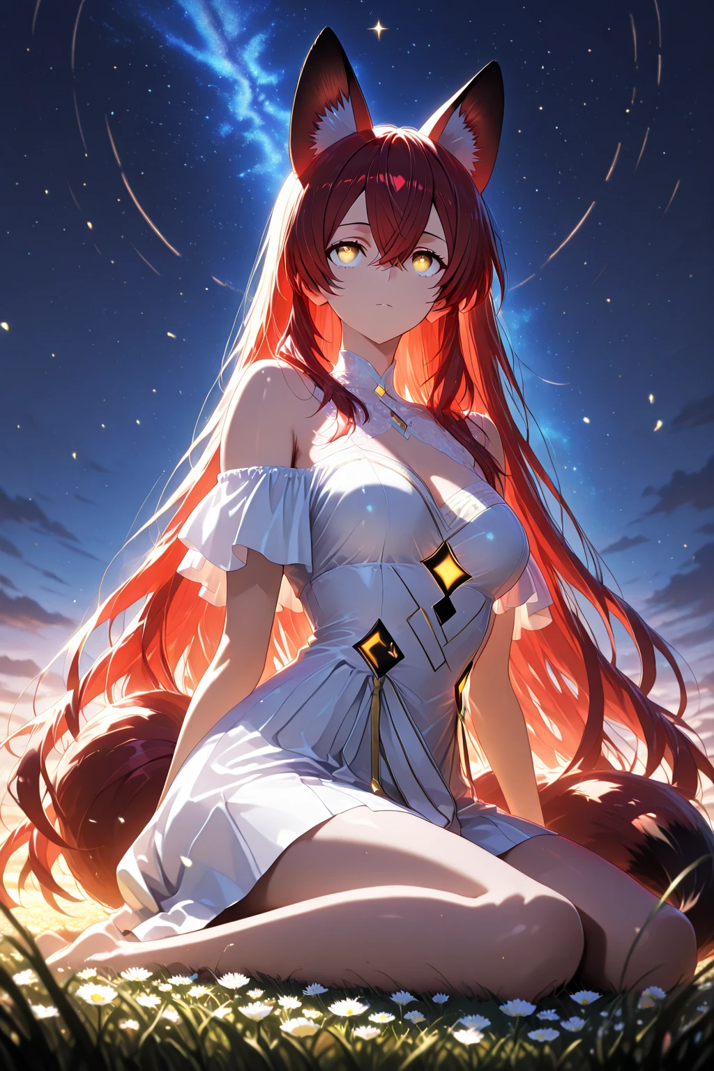(masterpiece:1.2), (pale skin:1.2), (solo:1.2), (female:1.1), (emphasis lines:1.3), (detailed:1.2), red hair, long hair, armpits, bracelets, blue eyes, moon, night, (dancing under the moonlight:1.2), navel