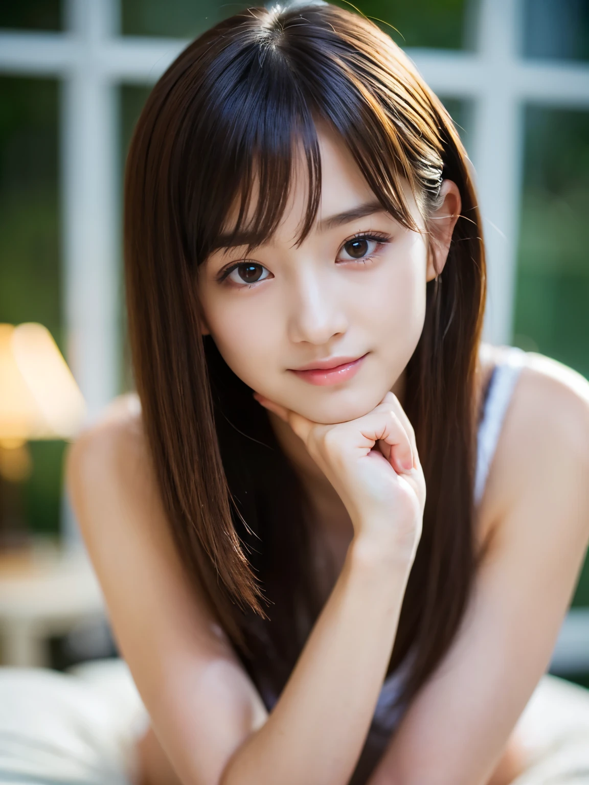(Photoreal:1.4), (Super detailed), (highest quality), (best shadow), (masterpiece), ultra high resolution, 1 female, alone, bob hair, (pink blouse:1.2), (big breasts), smile, portrait, Depth of written boundary, With background: (living room)
