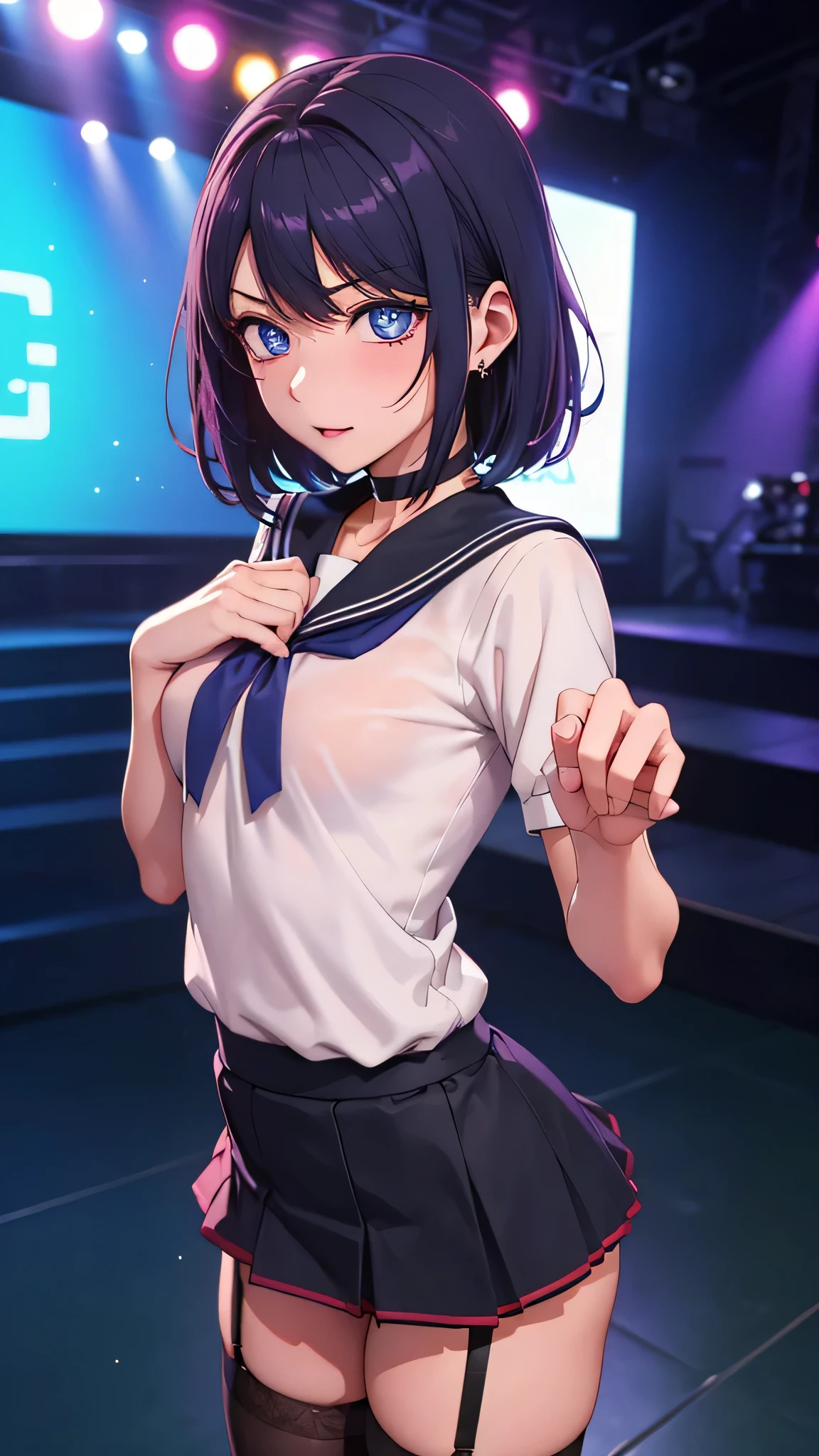 ((( idol))),((Strict look)),(( glittering stage)),((sailor suit)),((黒い sexyレースパンティ)),(( school uniform)),((miniskirt)),((loafers)),((())),(()), ((( sexy))), (((cowboy shot))),Ultra High Definition , mature woman, mature woman, very well detailed, ((Very small breasts)), perfect hands, Fine fingers , beautiful details , ((short bob)),(()), black choker, earrings,(garter belt), (stockings),perfect eye, seductive eyes, ((())),(())