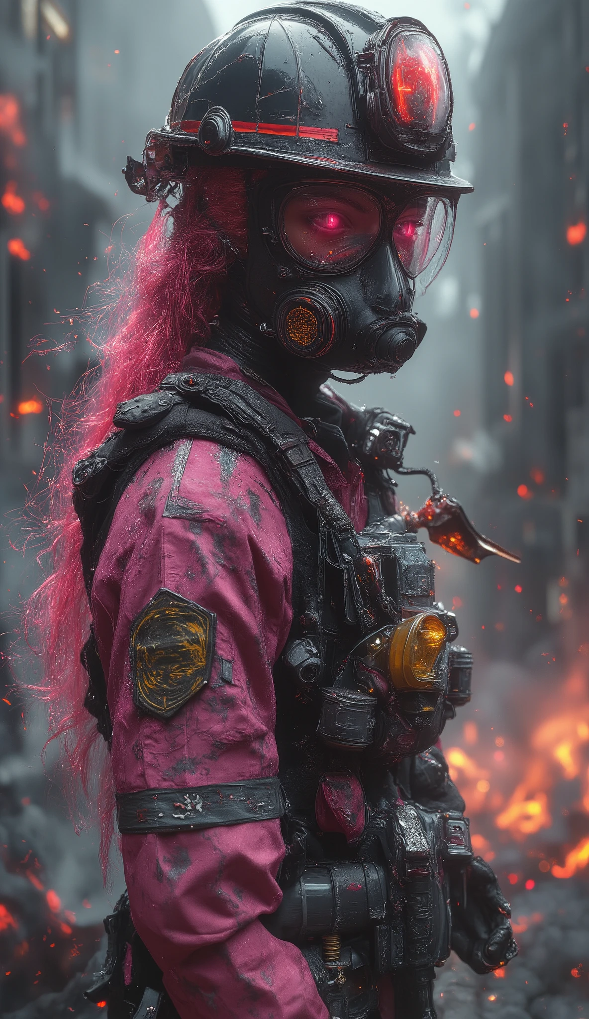 (best quality, 128k,highres,masterpiece:1.2),ultra-detailed,(realistic,photorealistic,photo-realistic:1.37), ((masterpiece)) ((photography)) ((Highest quality)) A stylized and fierce female firefighter stands confidently in a smoky urban environment. She wears a modern, avant-garde firefighter suit with bold pink and black accents, featuring a tactical vest adorned with various tools and gadgets. Her long, flowing pink hair contrasts with her dark helmet. Holding a firefighter’s axe in one hand, she also wears a gas mask, adding a post-apocalyptic feel. The background showcases a dramatic cityscape with smoke and flames, emphasizing the intensity of her role. Mysterious lighting enhances the atmosphere of courage and resilience.