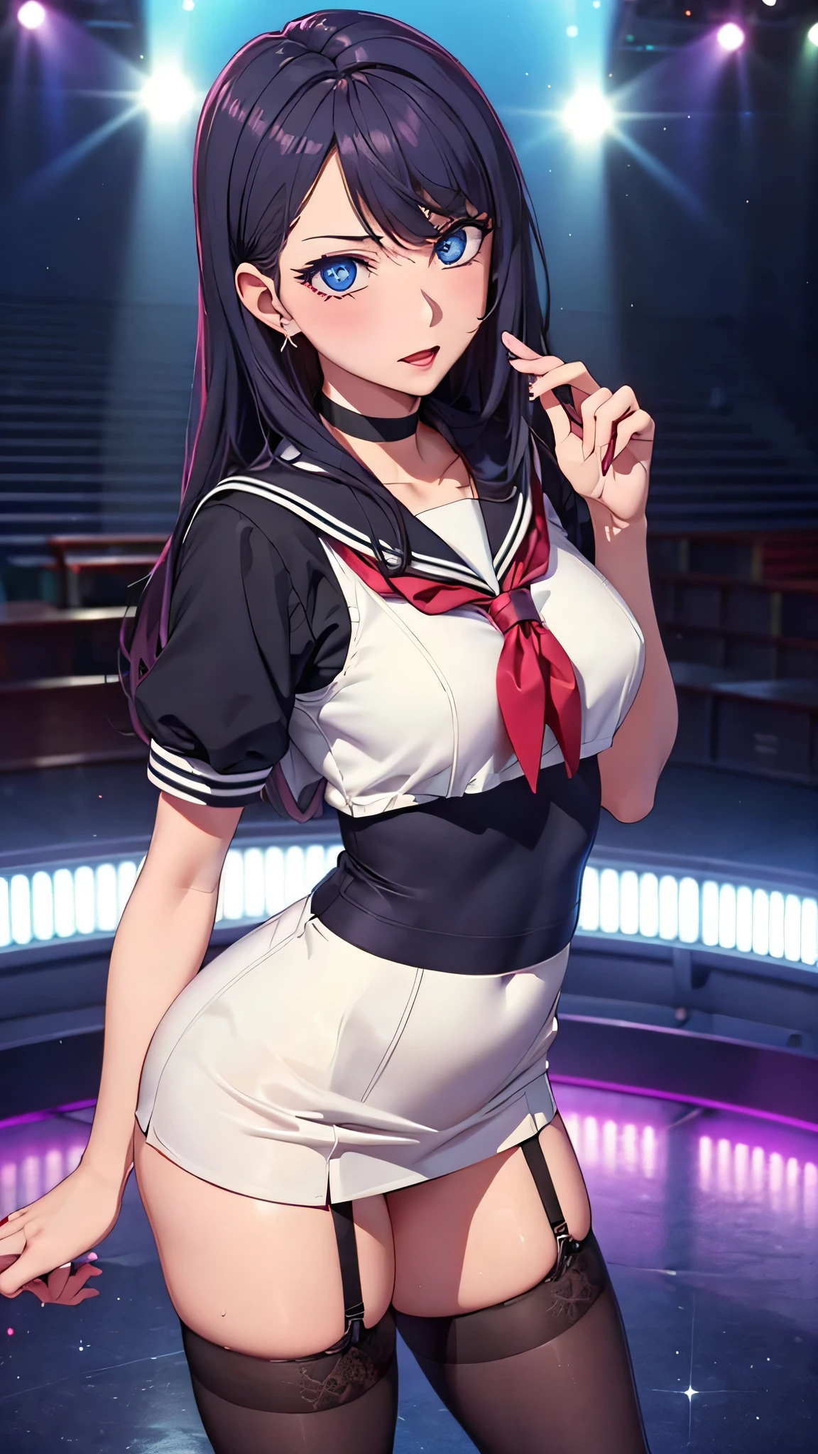 ((Masterpiece,Best quality)), A high resolution, Extremely detailed 8k wallpaper, Depth_af_Field, Best shadow, (Colorful),(Delicate eyes and face), nice hand, Perfect hands, volumatic light, Ray tracing, Break
(1girl in), Sixteen years old, Hair: {Black hair, (Messy hair:1.2), Blunt bangs, Long hair, (Big hair:1.2)} Purple eyes, Sharp eyes, Big breasts, Slender, Skinny, cheerfulness, Blush, Break,
(Wear white school uniform top black playboy_Rabbit tights:1.3), (Sailor collar:1.5), (Red tie:1.3), (Fake animal ears), (Separate clothing at the top and bottom:1.2), (Short sleeves:1.1), (Black Bunny Girl costume:0.8), (fishnet stockings:1.2), High heels, (Rabbit_Tail:1.2), Break,
cowboy lens, view the viewer, Stomach focus, Inside the bar, Ultra detailed backgrounds,