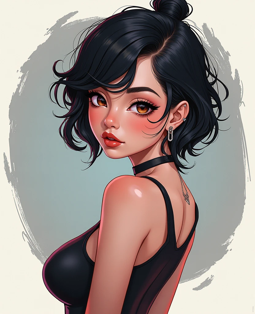 Amazing portrait of a cute goth woman with her short black hair in a bob hairstyle and she's wearing heavy eyeliner around her eyes and she's gazing at you seductively she wears an off shoulder t shirt that is orange and black with black bra straps