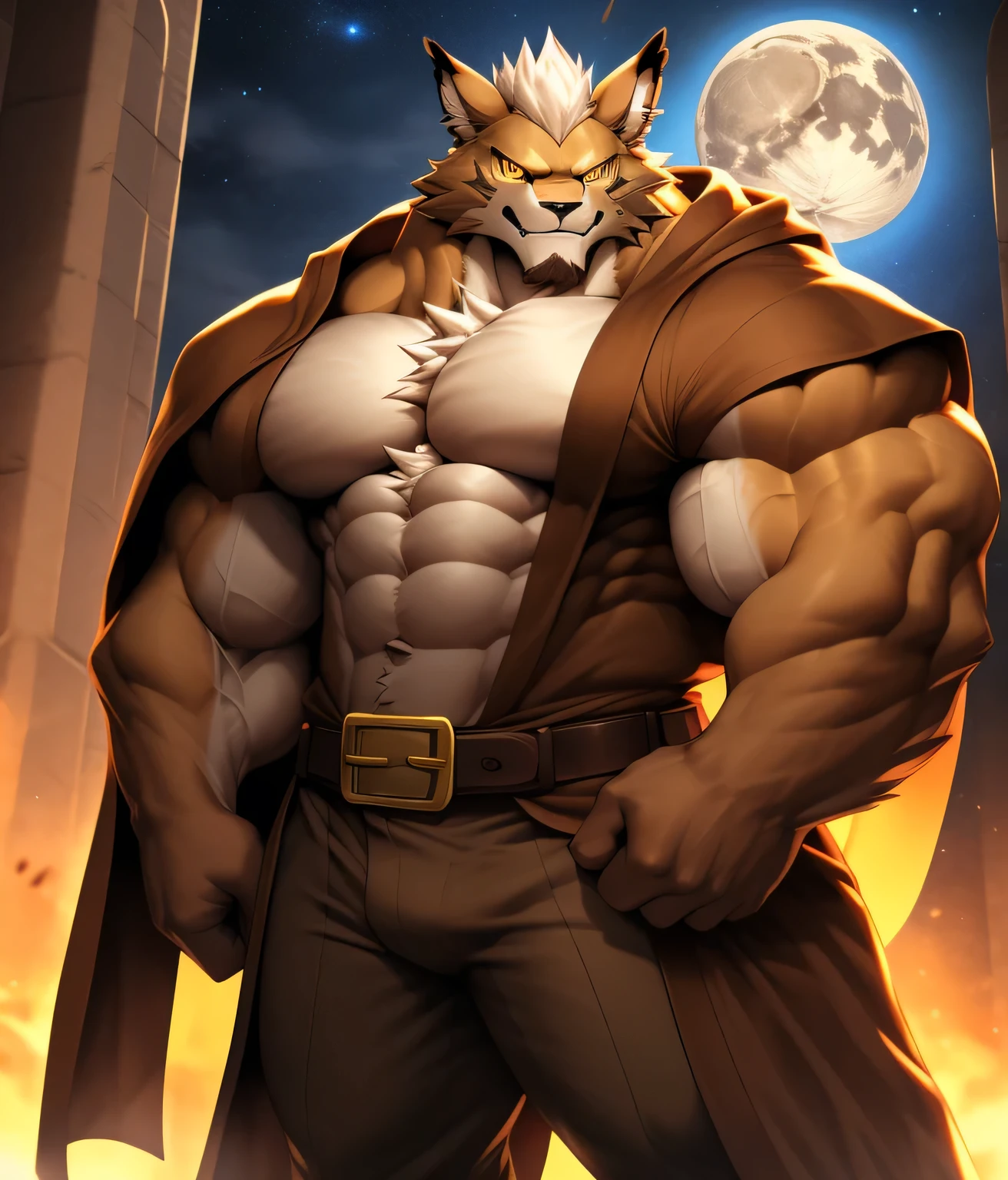 PRO competitive bodybuilder, nj5furry, (Leomon,, massive, huge, muscular, Gigachad), (((((WHITE THONG))))) Leomon, YOUNG FACE, TEEN, ((extry realistic shadows, masterpiece, extremely detailed, photorealistic)), kemono, looking at the viewer, ((FRONT)), murderous look, Leomon, ((detailed face)) nose, amber eyes, ((detailed eyes)),  dark brown skin, dark brown fur,  brown hair, white mane, height 3 meters high, the optimal height, tight clothing, 200 kg, body full of huge muscles; muscle and bulge pecs, huge pecs, ((massive pectorals)) ((huge pectorals)) ripped abs, eight abs, V-shaped body, thick waist, long legs, strong arms manly, handsome face, attractive cool calm face type with a mischievous smile, topless. Palace elven ruins, night, moon, moon rays, stars; bulge in the crotch, wears a small white string thong that reveals huge, muscular thighs, (((she wears a very tight little white string thong))), bulging biceps. A muscular bodybuilder in the making. A potential PRO competitive bodybuilder and bulging neck. ((Almost naked)) ((BACK))  huge muscular thighs firm, round buttocks and round butt.