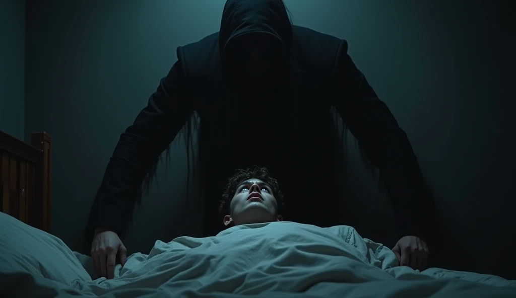 A young man lies rigid on his bed, eyes wide in terror as he experiences sleep paralysis. Above him hovers a ghostly, Dementor-like figure, inspired by the Deathly Hallows symbol from Harry Potter. The figure, shrouded in darkness with a tattered cloak and hollow eyes, exudes an eerie, menacing presence. The room is dimly lit, shadows creeping in, intensifying the atmosphere of dread and helplessness