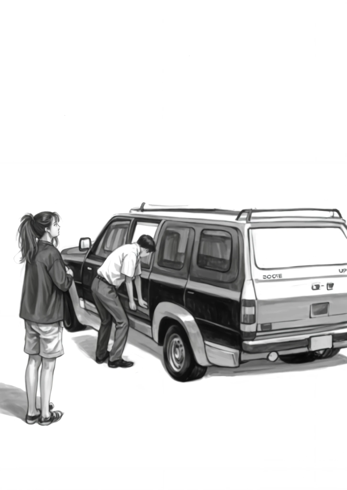 score_9, score_8_up, score_7_up, score_6_up, score_5_up, score_4_up, (realism), break sketch, shinji_chibana_artstyle, traditional pencil style, pencil drawing, monochrome, hunched man in shirt, detailed background, detailed background, (woman with back), street, illustration, (outdoor),