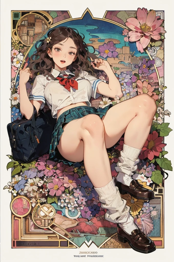 beautiful, masterpiece, best quality, extremely detailed face, perfect lighting, (absurdres), 1girl, cute face,
small face, smile,
15 y/o Japanese girl , chubby female,
short hair, Light brown hair,
, (school uniform micro mini white skirt:1.3),
on the Floral futon, (look at viewer:1), lying, (wake up:1.2),
(micro mini panties:1.3), (Floral panties:1.3),
(knee up:1.3), flower,