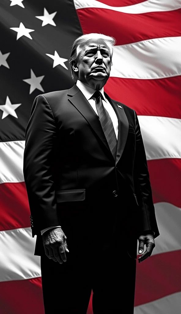 a painting of a Donald Trump holding a american flag, background, style of cyberpunk 2077, the band of gold round his breasts