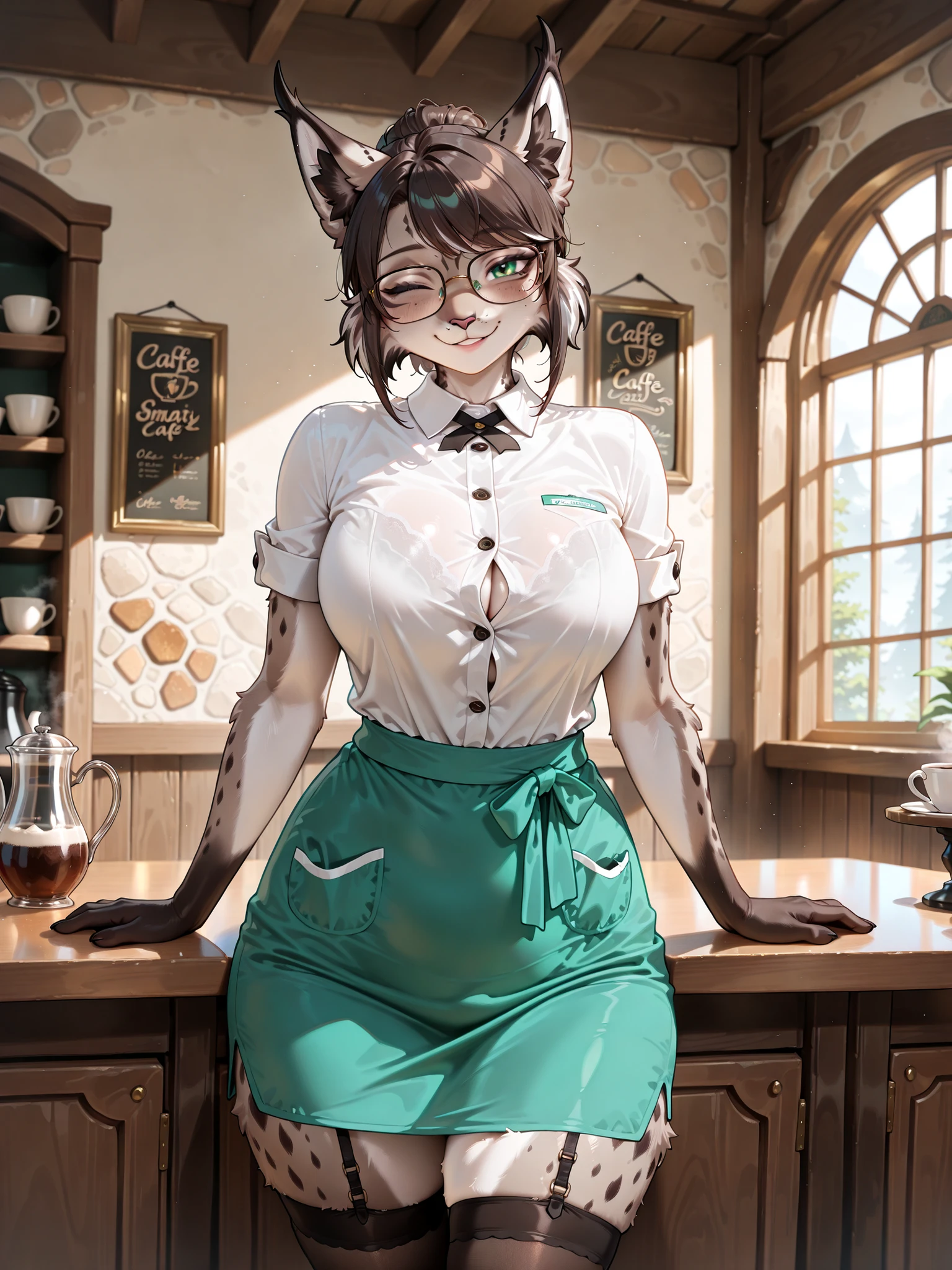 (masterpiece quality, best quality, high resolution:1.1), cowboy shot, (solo, 1 female black lynx furry:1.25), perfect anatomy, short hair, deep green eyes, (adult, mature, boyish, beautiful, intelligent, smart, quiet, fluffy), furry features, (tall:1.1), (cafe waitress uniform, short sleeve shirt, closed buttons, short skirt, garter belt, wearing glasses:1.15), (at fantasy medieval cafe, detailed background), (looking at viewer, winking, smile, happy, welcoming:1.15)