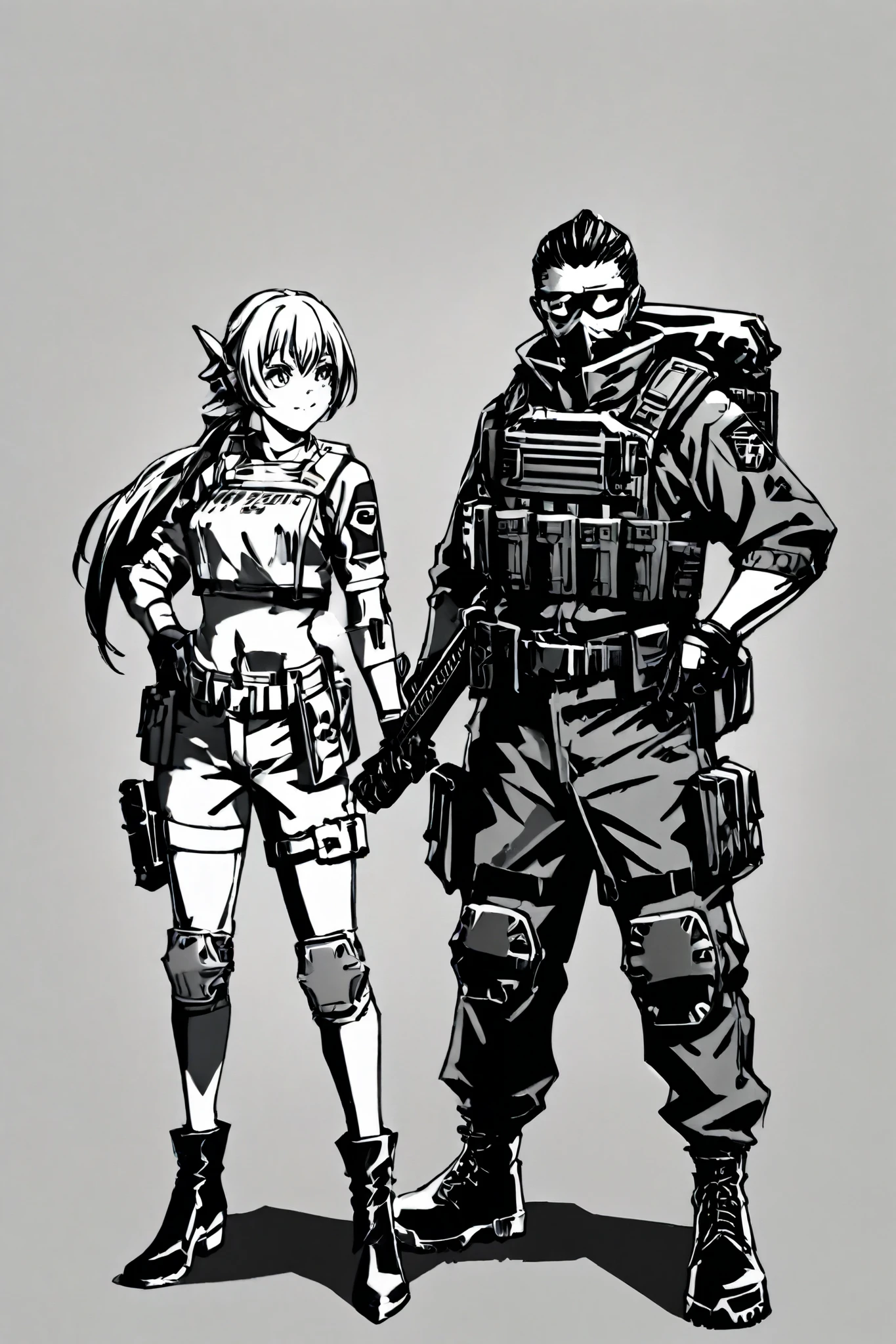 I wore a: I wore a black infiltration made of a lightweight but resistant to cuts and low-caliber bullets. It has elastic areas for mobility and a partial optical camouflage system.
Tactical chest: Fitted vest with gadget compartments, PEM grenades and ammunition.
pants: Cargo reinforced with integrated knee pads and hidden pockets for stealth tools.
gloves: gloves tácticos con material antideslizante y nudillos reforzados.
boots: silent military boots with non-slip soles and secret compartments.