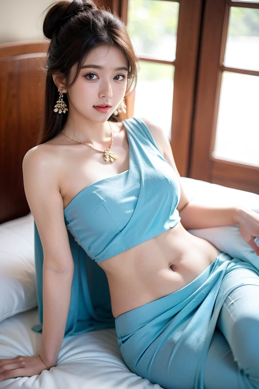 ((realistic)),((best quality)), ((masterpiece)), (detailed), (big natural tits), (thin waist), ((big hips)), ((indian)), ((curvy figure)), (slutty look), (((body chains))), shackles, (((colourful saree))), saree draped, jewellery, sitting, margin over head
