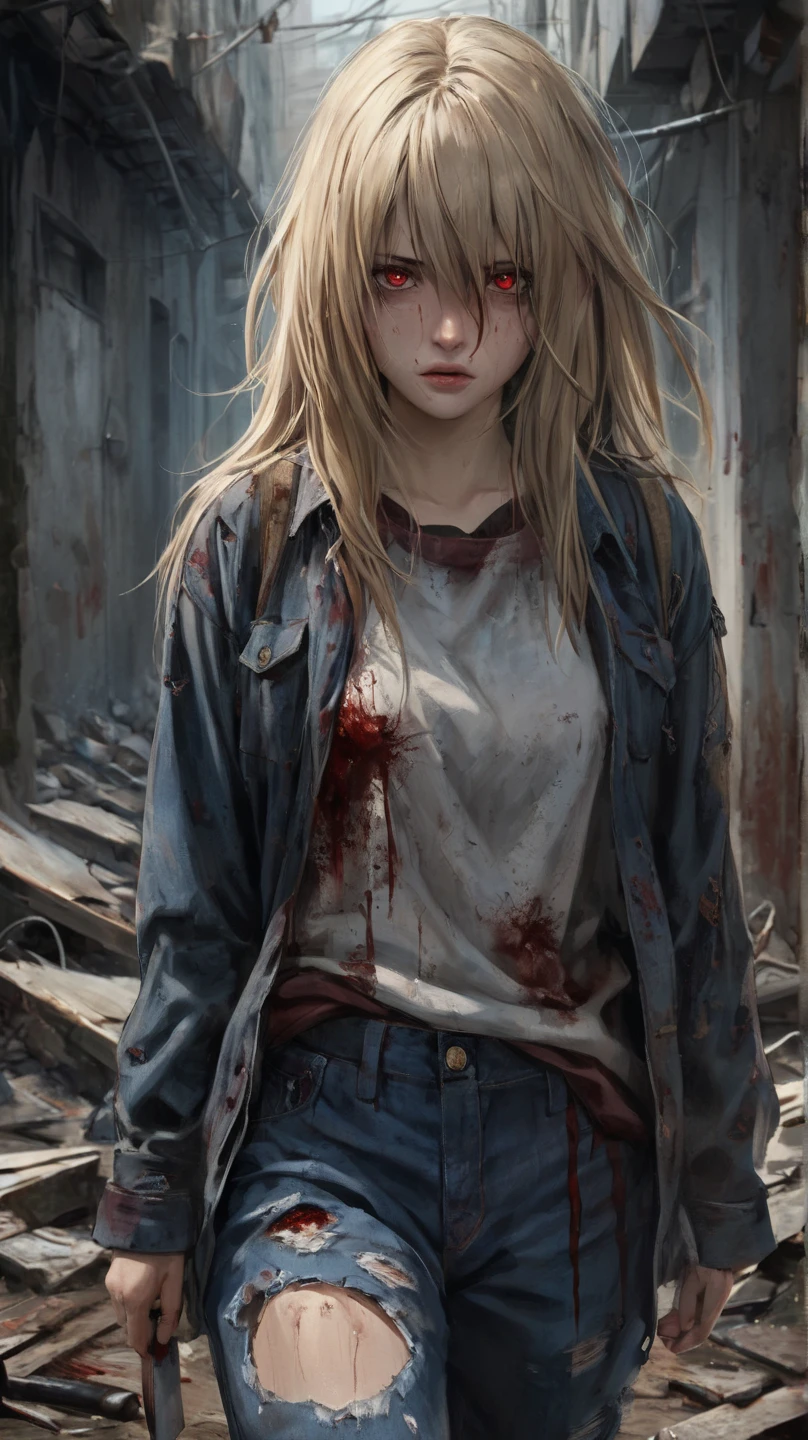  anime girl t-shirt,  long blonde hair, red eyes with a suspicious look, His body is covered with wounds and blood is still coming out, is wearing torn and dirty blue pants, a torn and dirty black flannel