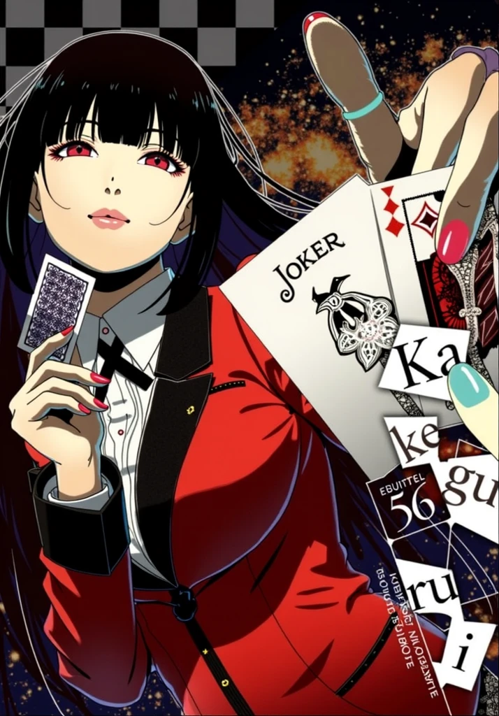 Yumeko Jabami from Kakegurui anime, red eyes, detailed school uniform with red coat, white shirt, gray plaid skirt, black tights and brown shoes, playing cards flying around, photorealistic, highly detailed, 8k, intricate, vibrant colors, dramatic lighting, dynamic composition