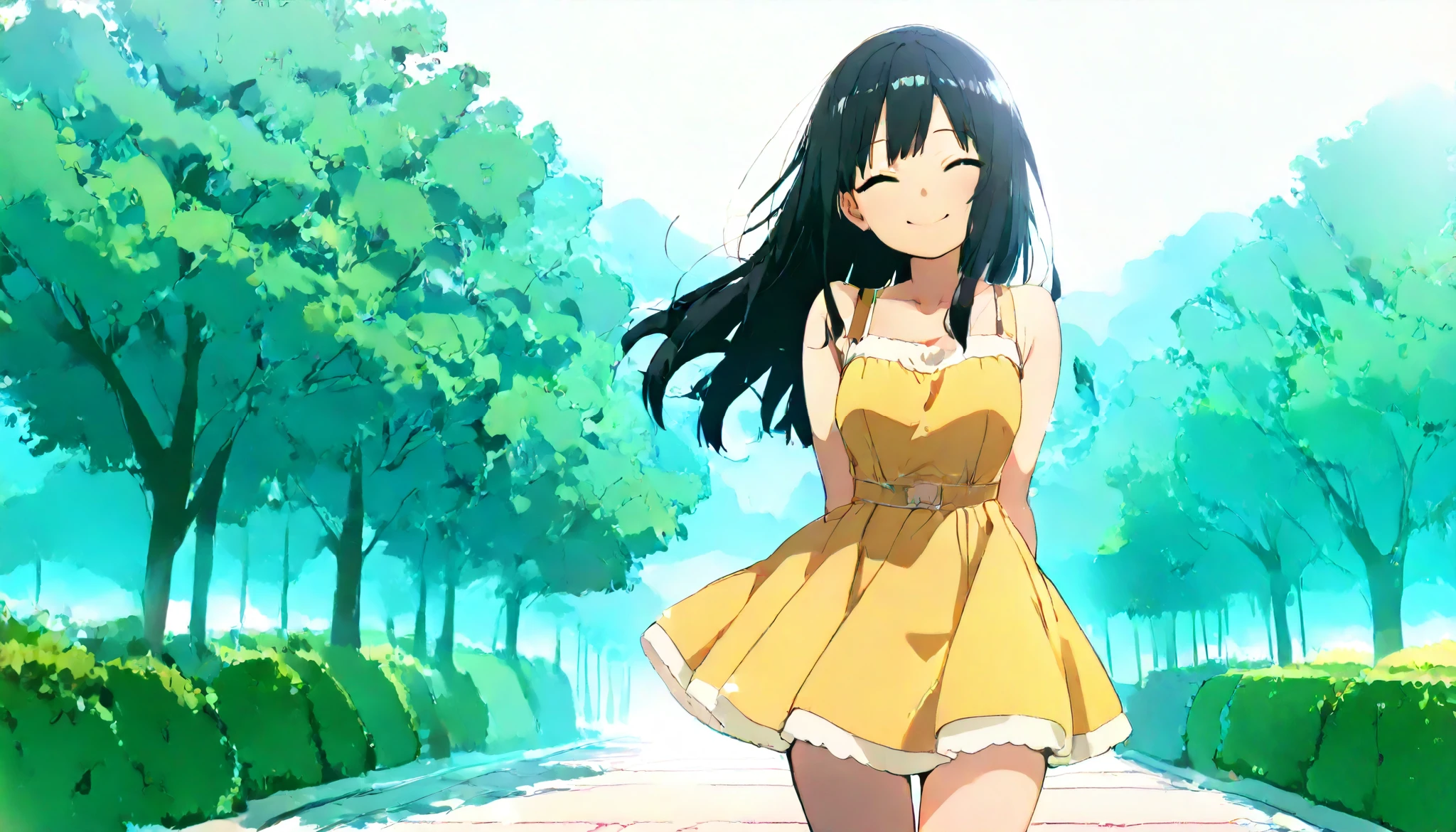 (masterpiece, best quality, illustration), anime girl, cute, solo, yellow dress, short dress, 7/8 stockings, black hair, long hair, smiling, happy, cheerful, bright smile, detailed eyes, detailed face, outdoors, sunny day, soft lighting, vibrant colors, beautiful background, anime style, clean lines, 8k resolution, sharp focus