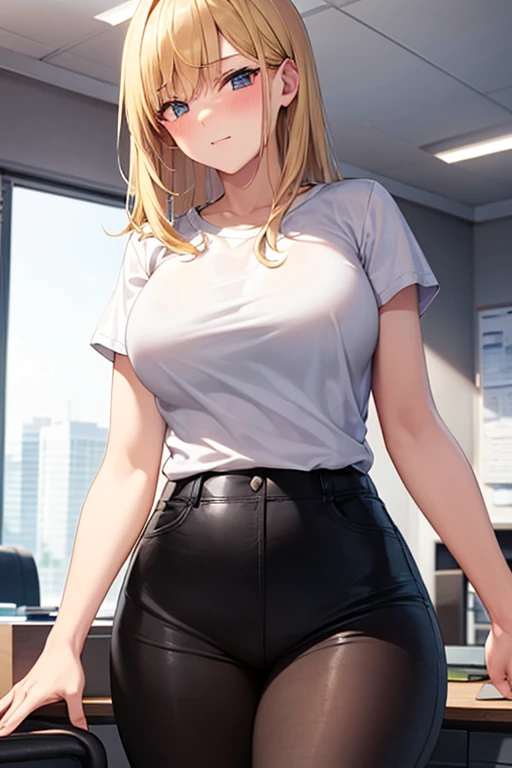 masterpiece, absurdres, best quality, ultra detailed, high Resolution, detailed illustration, bright colour, (extremely beautiful detailed face and eyes, Delicate beautiful face, 1 girl, cute face:1.3), (magenta eyes:1.1), sparkling eyes, big eyes, medium breasts, (perky breasts:1.1), (pointy breasts:1.1), medium hips, glamorous body, white skin, BREAK, asymmetry long bob cut, (blonde hair:0.8), messy hair, detailed hair, shiny hair, BREAK (skinny slacks, Buttocks:1.5), perfect lighting, (embarrassed:1.5), (ecstasy, vulgarity:1.5), (trembling:0.8), From behind,