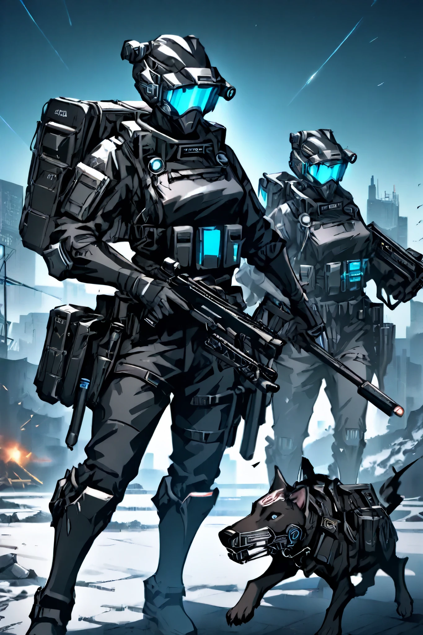 The uniform is designed to offer mobility, , stealth and protection in urban environments and assault operations.
Base tone : Matte black with details in dark gray and electric blue.
Tactical Helmet "Cerberus": Equipped with a multifunctional visor that includes night vision, thermal and altered reality filters to detect invisible distortions. Its design is reminiscent of a dog muzzle, reinforcing your image of "hunters".
Impact Absorption Plates: Lightweight but resistant, , they protect against physical attacks and spiritual projectiles.
Containment Fabric Suit: Done of a mixture of polymers and paranormal fibers, , it can resist light possessions and dissipate corrupt energy.
Interference Gloves: They generate an anti-paranormal discharge upon contact, useful for neutralizing entities and preventing agents from being manipulated.
Anchor Boots: Equipped with an adjustable gravitational field system, allowing stability on distorted terrain.
Modular Armor : You can add plates depending on the mission, adapting to infiltration, assault or tactical elimination.
Symbol of Strength: Una cabeza de Cerberus de tres ojos, representing your focus on control, surveillance and execution.