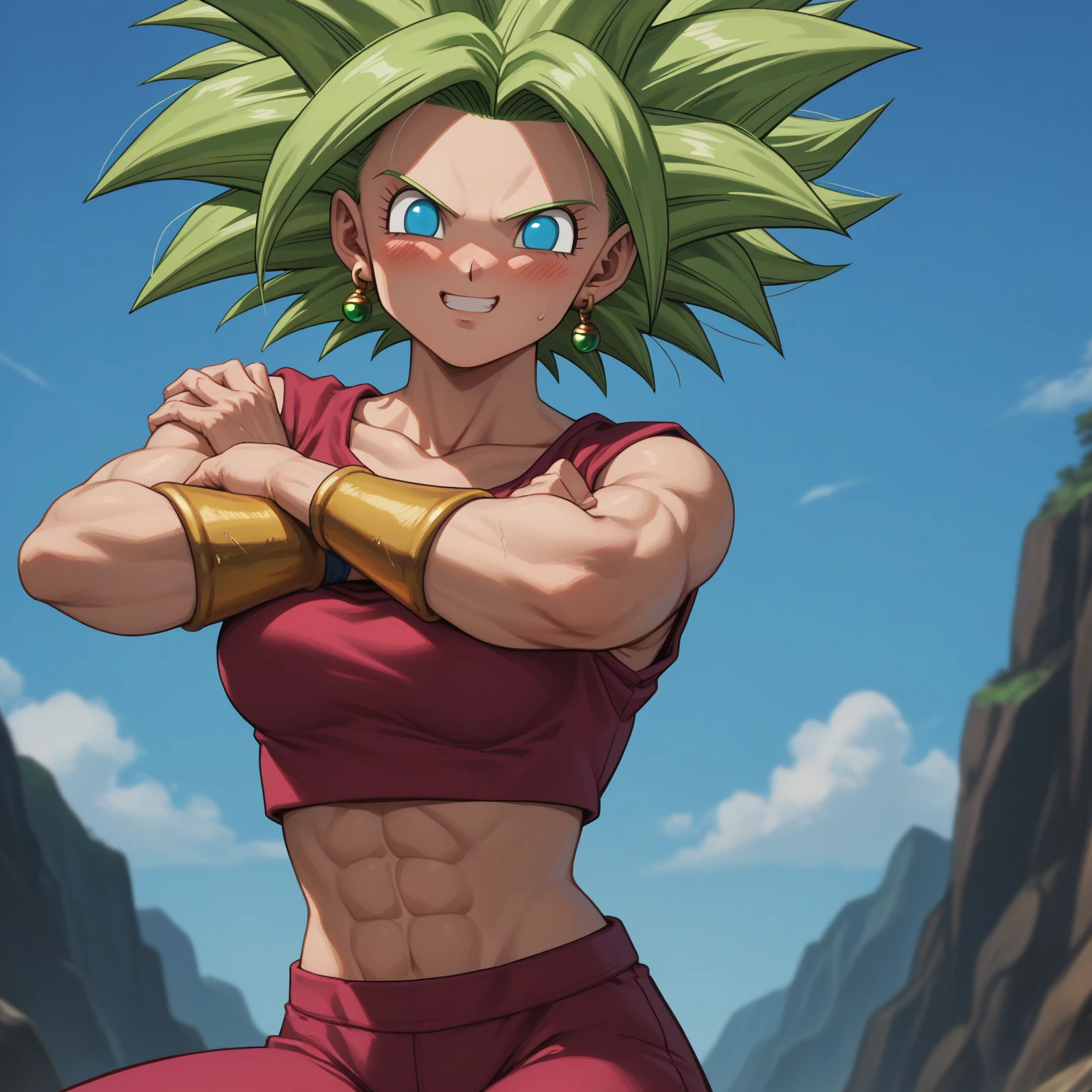 masterpiece, Highest quality, Berserk Kale, Green Hair, Muscular woman, No students, Red small tight skirt, Braces, abdomen, View your viewers, Open your mouth, Frowning, anger, Rock layers, Are standing