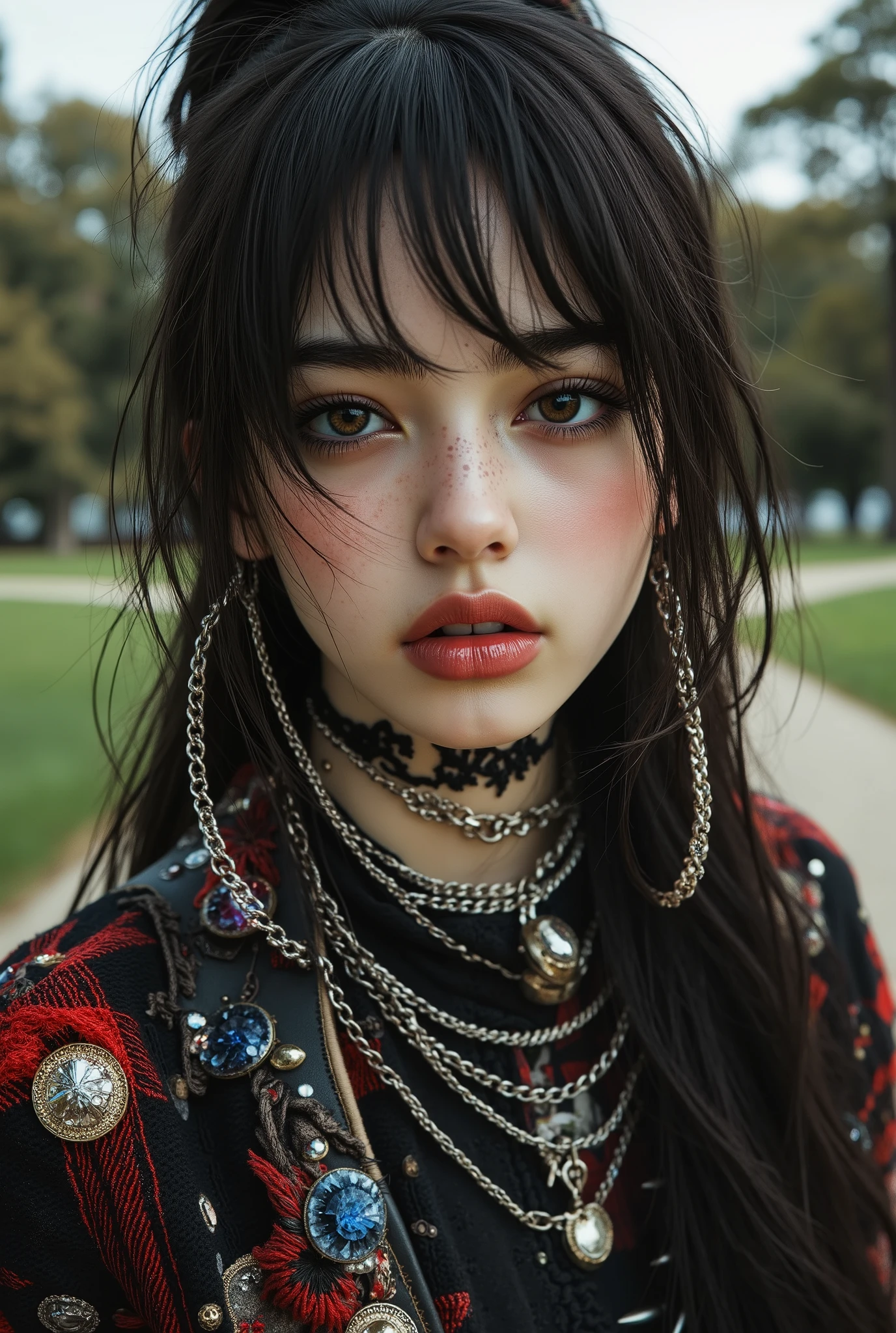photorealistic Realism 32K Quality, (Hyper absurd quality, extremely detailed detail, hyper resolution, clear sharp focus, not blurry, (Realistic brown_eyes:1.25)), ((perfect dark_eyeshadows:1.45)), (super Detailed, beautiful little nose:1.2), (perfect composition), (upper body shot), ((close up of her face)), beautiful cheekbones, double eyelids, dslr, best high quality soft lighting, sharp focus captured by Fujifilm XT3, f 5.6, in a dramatic lighting, ((perfect composition)), ((pale skin)), ((dry skin)), sexy stylish Swedish model, only 1 female, ((doll-like appearance)), long pink stylish hair, (big smile), ((sexy Punk ****ta cosplay)), unconventional skirt, petticoats, high neckline, (ultra details lace), (ultra details embroidery), extremely detailed detail, (tartan patterns, (chains), (spikes), (safety pins), Punk ****ta accessoires, Punk ****ta choker), ((large sparkling Punk ****ta jewelry)), cinematic light, detailed large park background with trees, NVIDIA RTX,The ultra-Highres,Unreal 5,Subsurface scattering,PBR Texturing,Post-Processing,Anisotropic Filtering,depth of fields,Maximum Sharpness and Sharpness,multi-layered texture,Albedo and Specular maps,Surface Shading,Precise simulation of light-material interactions,perfectly proportions,Octane rendering,Two-tone illumination,Wide Aperture, low ISO, white balance, The rule of thirds.