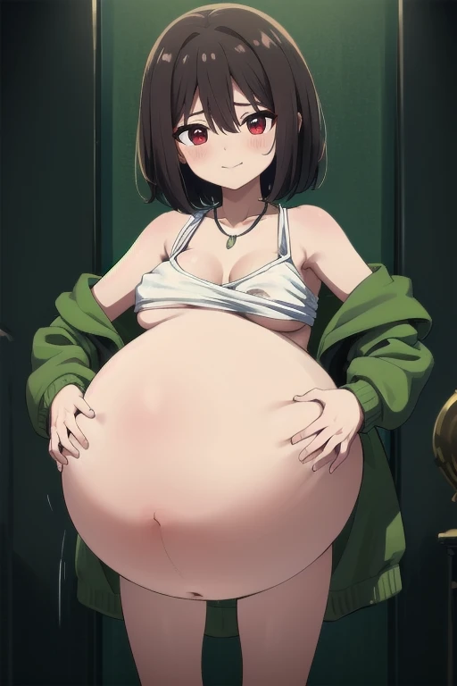 score_9_up, score_8_up, score_7_up, 1girl, solo, source_anime, hourglass figure, Big breasts, kemonomimi, bear ears, brown hair, short hair, messy_hair, blue eyes BREAK freckles, completely nude, exposed belly, pregnant, bloated belly, pubic hair, high socks, white socks, squatting, spread legs, arms up, hands behind head, blush, embarrased face, closed mouth, looking at viewer, standing, outdoors, grass, brown nipples, lactacting, 