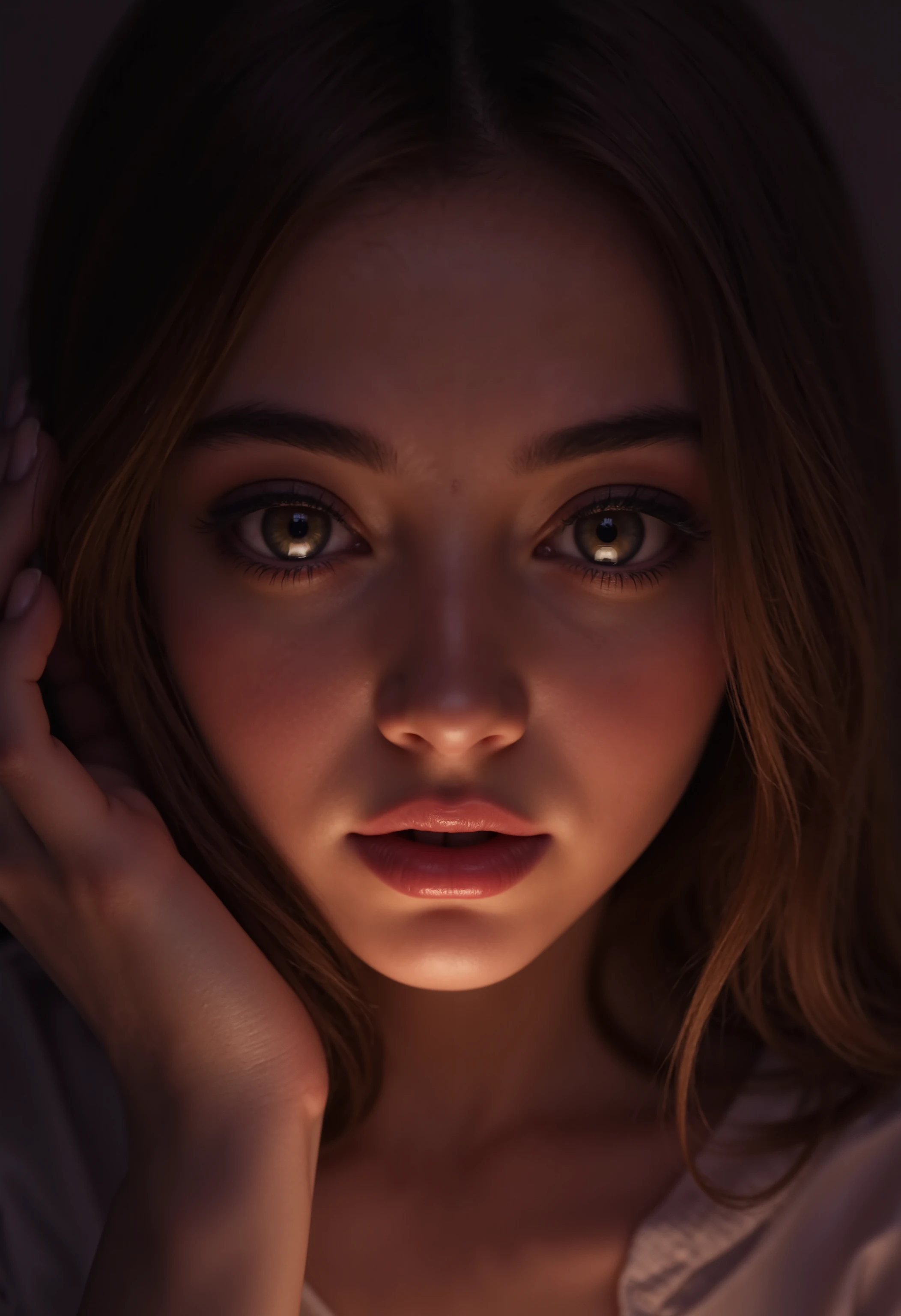 ( masterpiece , The best quality :1.2), 1 girl, Alone, close up of the face, eager, horny, mouth open for a kiss, from above, Look at the viewer, , against the light