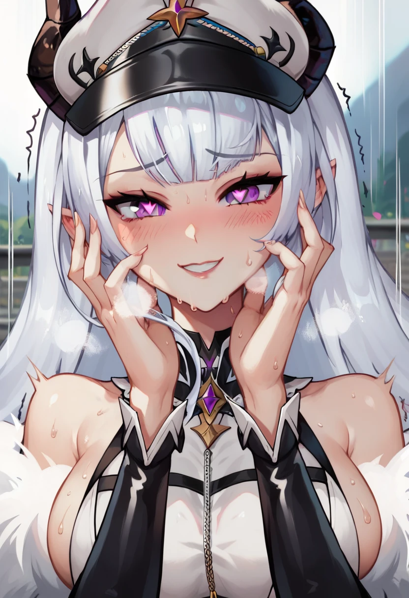 1girl,heart-shaped pupils,fingernails,hands on own face,white hair,purple eyes,(blush:1.1),choker,upper body,trembling,sweat,sweatdrop,heart,(speed lines:1.1),medium breasts, ((heavy breathing:1.3)), love, heart, crop top, happy, smile
