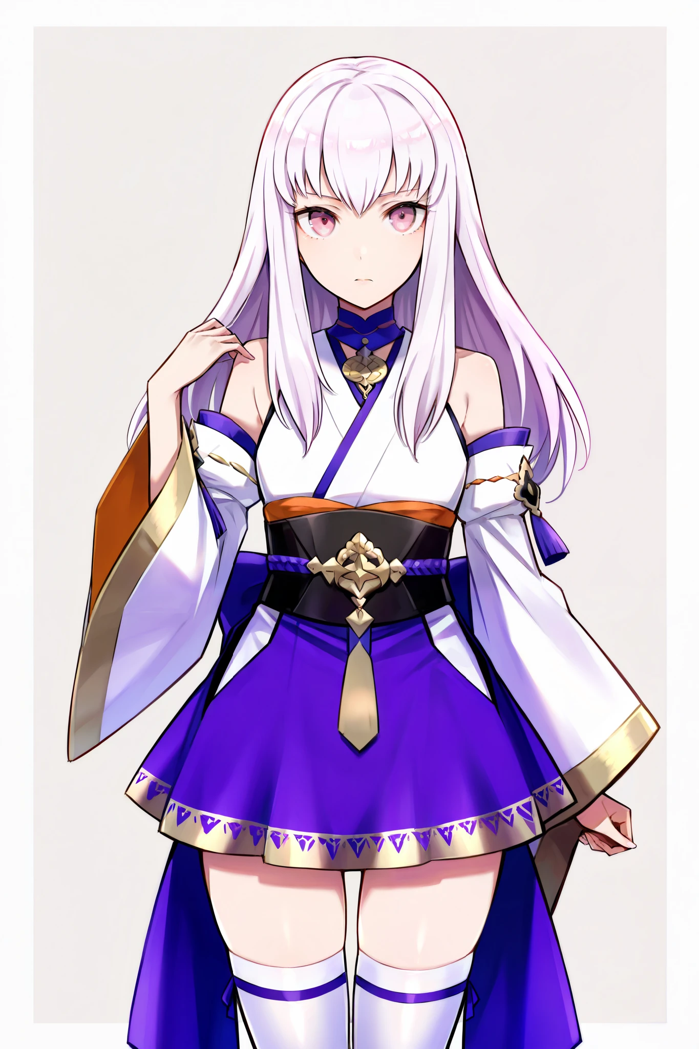 score 9, score 8 up, score 7 up, ultra-detailed, (best quality, masterpiece, ultra detailed, ultra high res, absurdres, high-resolution, highest quality, very aesthetic, textile shading), source anime, (detailed eyes), (detailed face), nsfw, uncensored, (mappaninatta), (lysithea von cordelia), (fire emblem), (fire emblem: three houses), japanese clothes, kimono, kimono skirt, detached sleeves, wide sleeves, white kimono, zettai ryouiki, white thighhighs, short kimono, bare shoulder, alternate costume, looking at viewer, tachi-e, hand up,