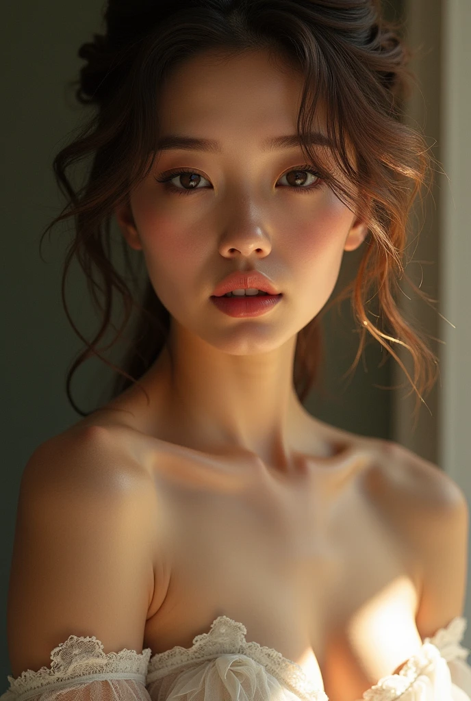 Cute eighteen year old, brunette, young, eye contact, nighttime, smiling, smile, young girl, thin legs, skinny, eighteen, sweet, closed mouth, mouth closed, slim, tiny body, 18, blonde, bright blue eyes, photo real, photorealistic, naked, nude, topless, soft nipples, shower, showering, steamy