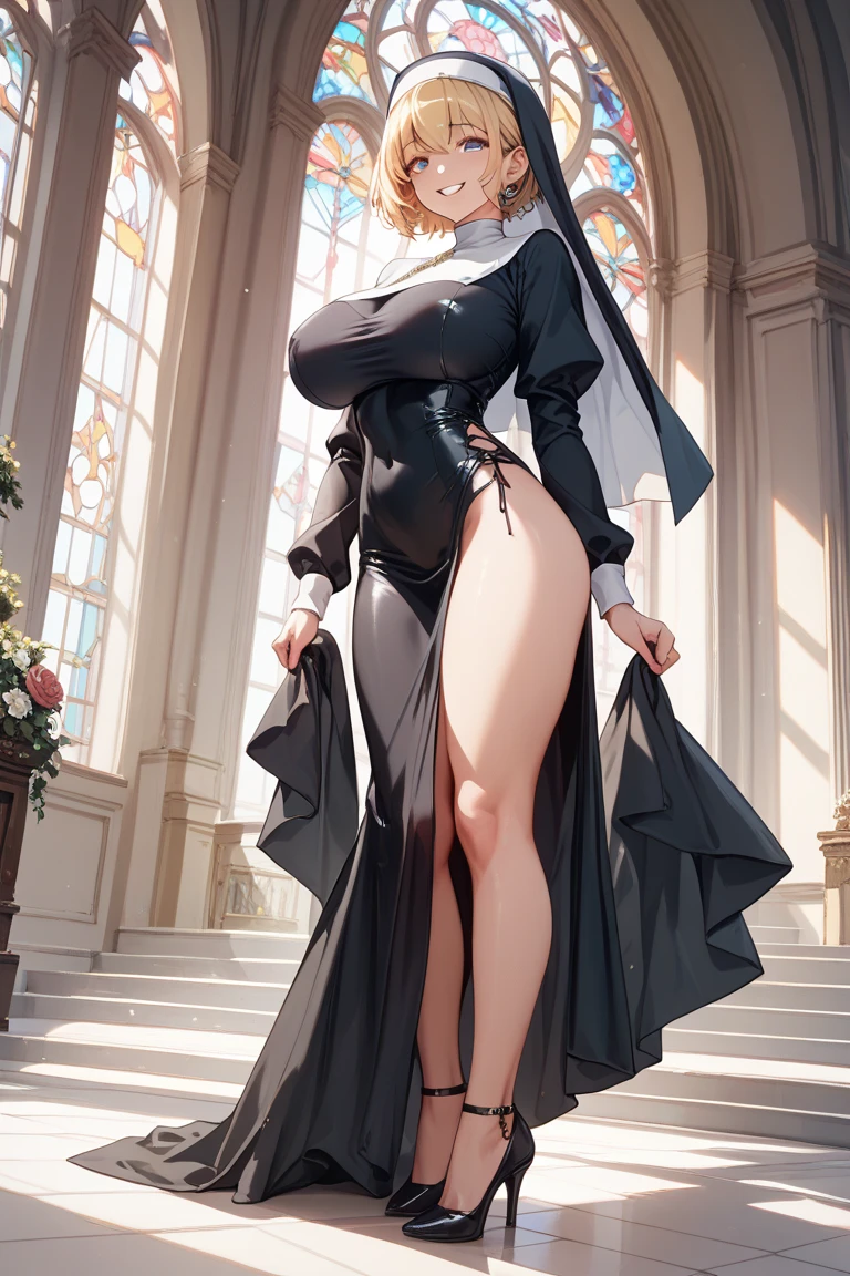 a woman nun sect sexy beautiful big breast beauty skin pink short pink hair disheveled her eye black pupil yellow dresses black nun and a black skirt longer pair white socks long black shoe