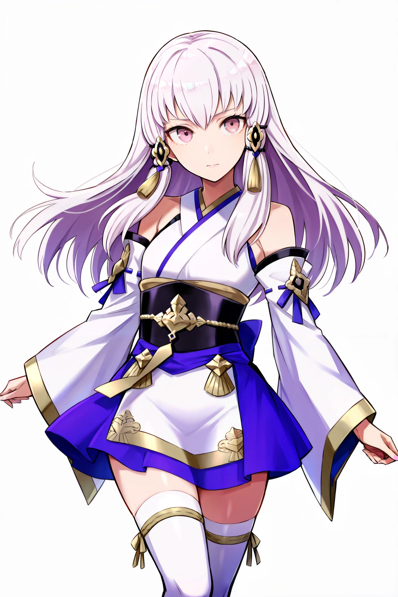 score 9, score 8 up, score 7 up, ultra-detailed, (best quality, masterpiece, ultra detailed, ultra high res, absurdres, high-resolution, highest quality, very aesthetic, textile shading), source anime, (detailed eyes), (detailed face), nsfw, uncensored, (mappaninatta), (lysithea von cordelia), (fire emblem), (fire emblem: three houses), japanese clothes, kimono, kimono skirt, detached sleeves, wide sleeves, white kimono, zettai ryouiki, white thighhighs, short kimono, bare shoulder, alternate costume, looking at viewer, tachi-e, dancing,